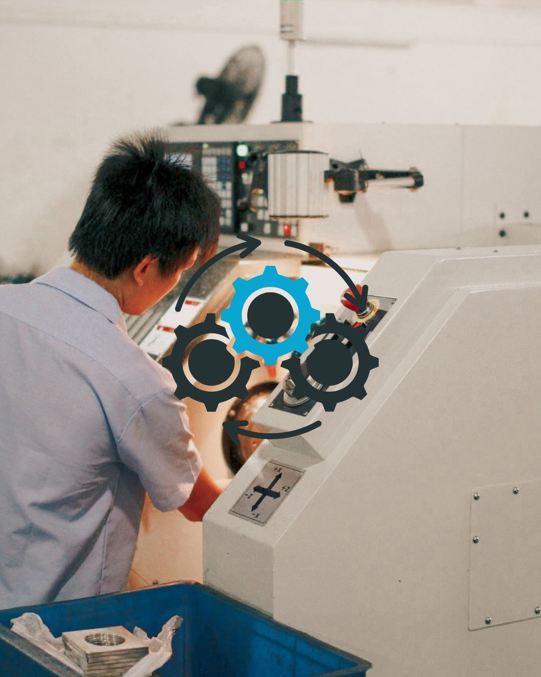 Worker operating industrial CNC machinery in a manufacturing facility with gear icons overlay.