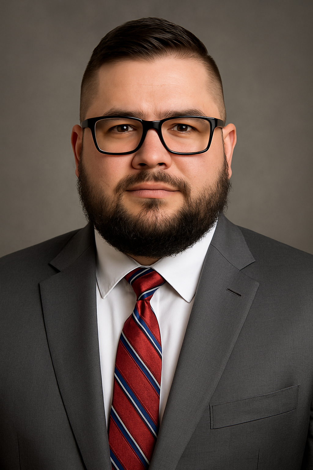 Professional headshot of Josh Hugley wearing a dark suit and red striped tie, with glasses and a beard, against a dark background
