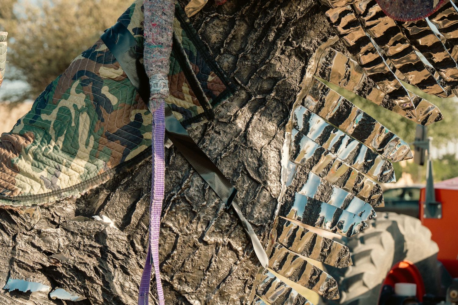 Close-up of camouflage fabric and straps tied around a large tree trunk outdoors.