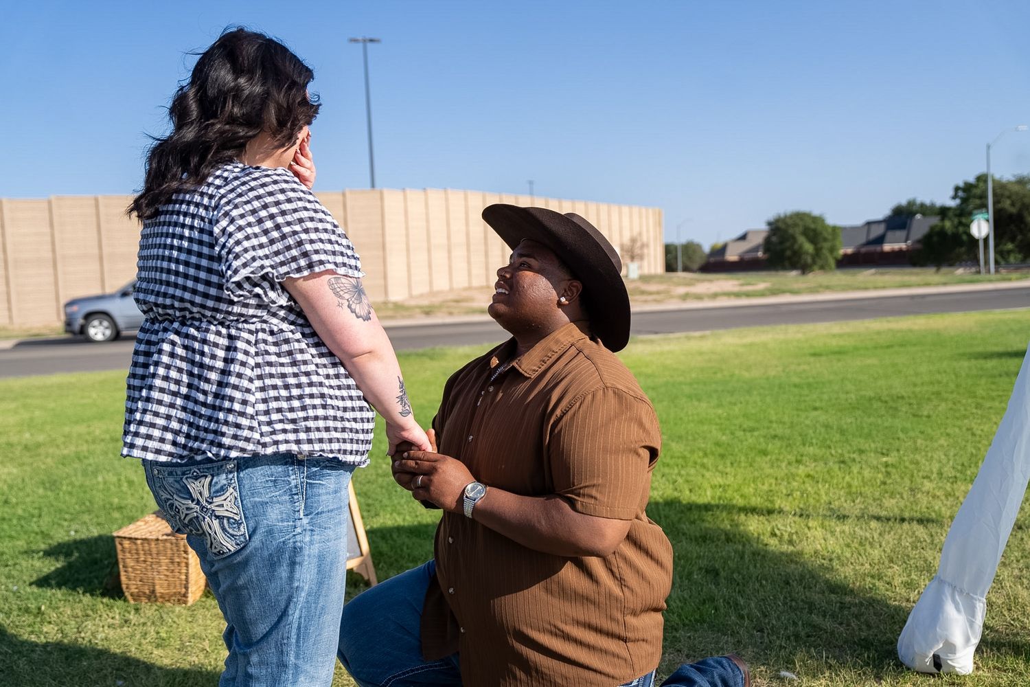 Person kneeling on grass holding hands with another in a heartfelt outdoor proposal or emotional moment.