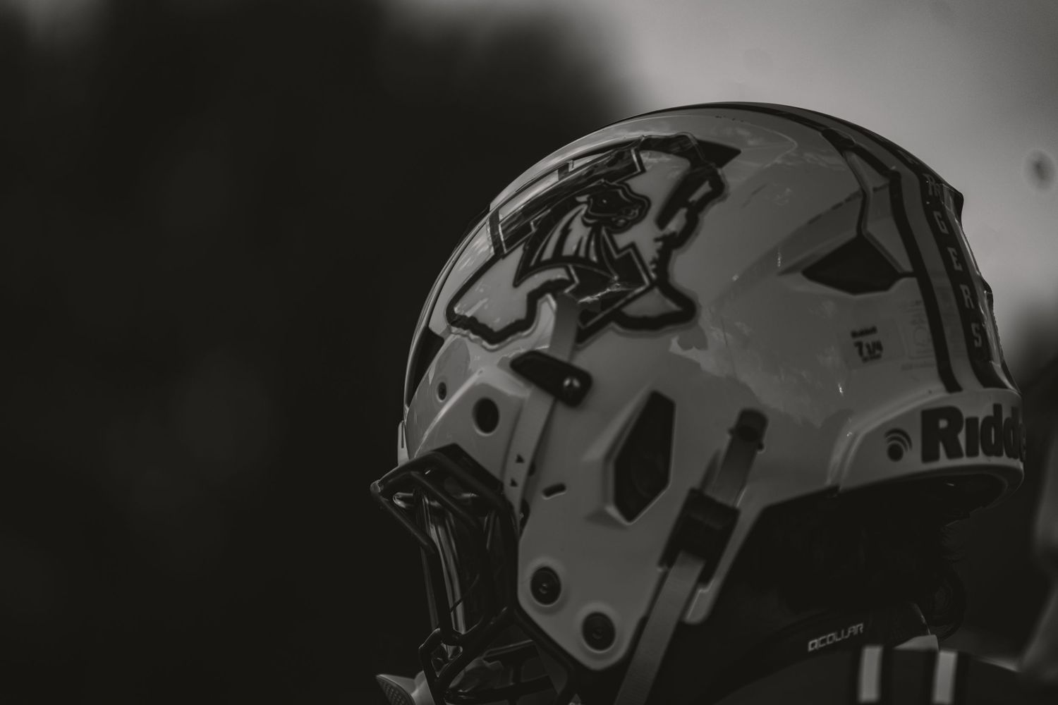 Black and white close-up of a white Riddell football helmet featuring a horse logo on the side.