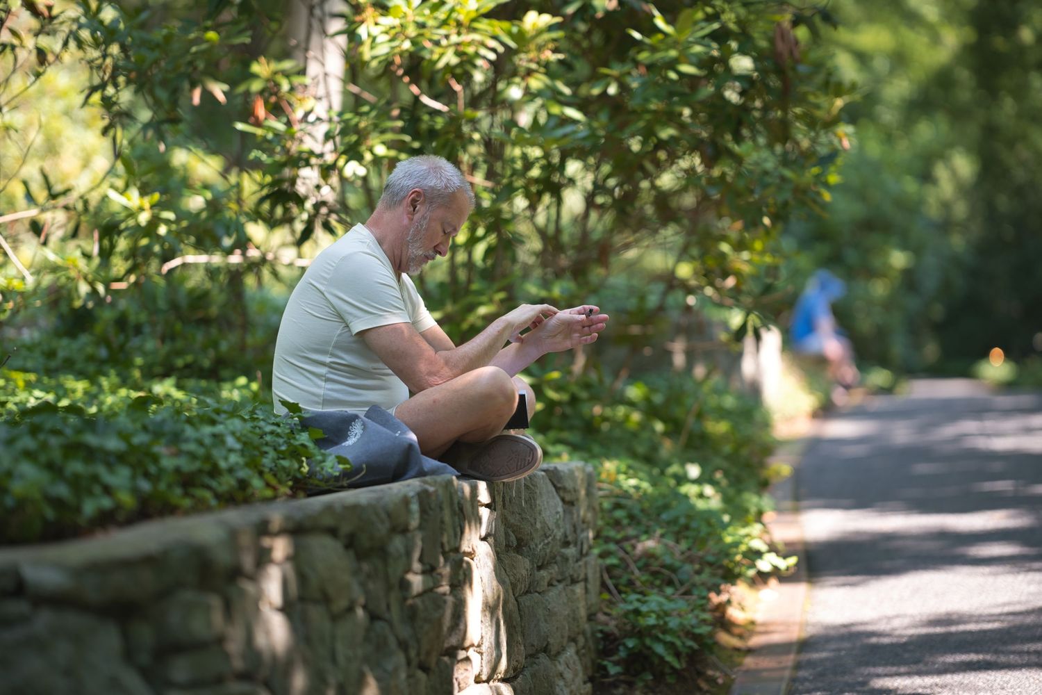 Older man sitting on stone wall using smartphone in a lush green park setting.