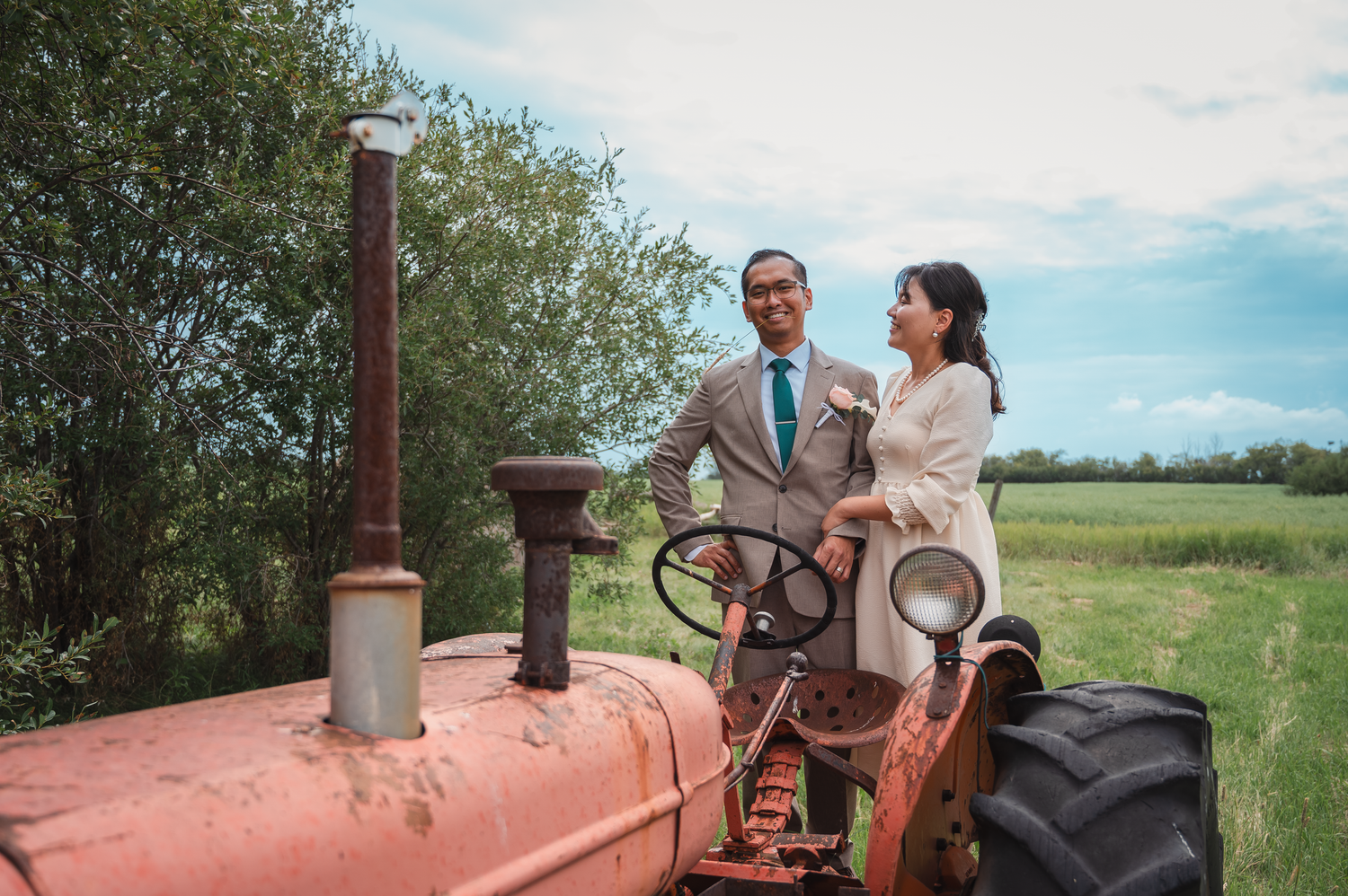 A couple posing after the wedding in Edmonton.