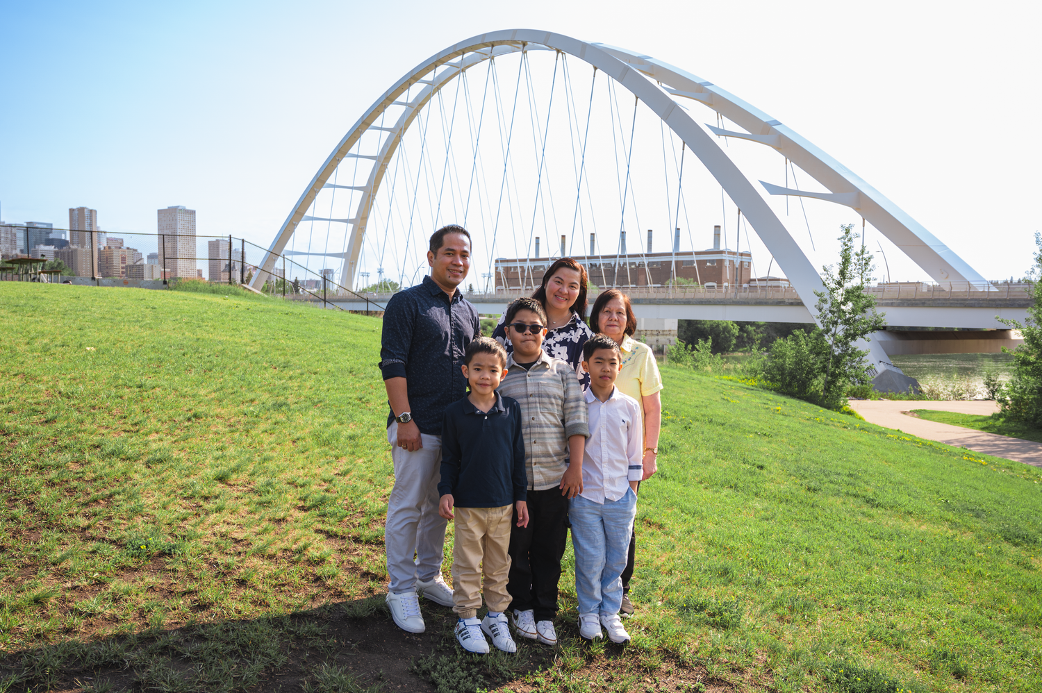 Family of five enjoying an outdoor photography session in Edmonton.