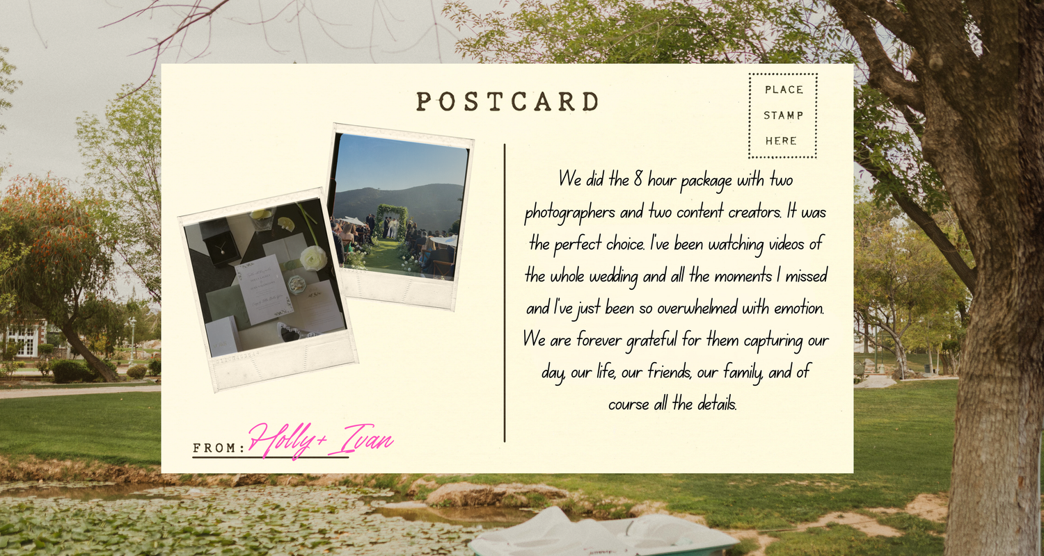 A vintage postcard layout with a handwritten note and photos overlaid on a blurred outdoor garden background.