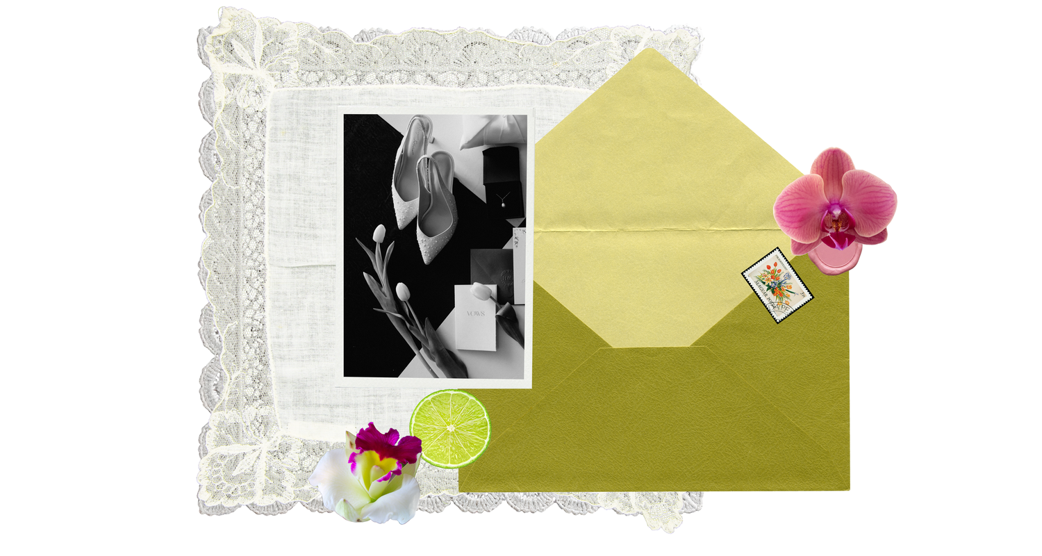A collection of envelopes in various shades of yellow and green with decorative flowers arranged in a collage style.