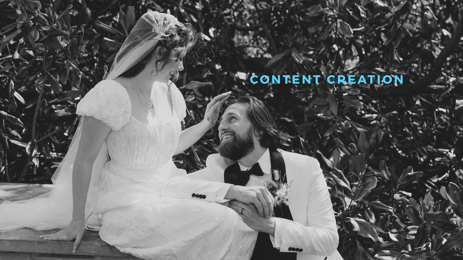 Black and white photo of a bride and groom at a wedding with content creation text overlay.