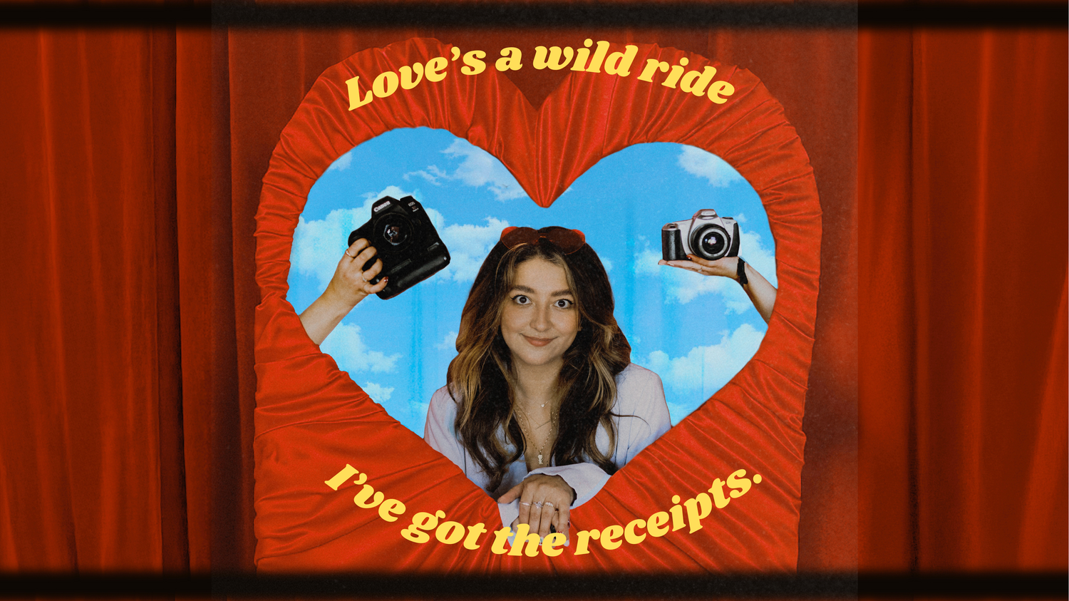 A series of five images arranged horizontally showing a love-themed narrative with text overlays against a red curtain background.
