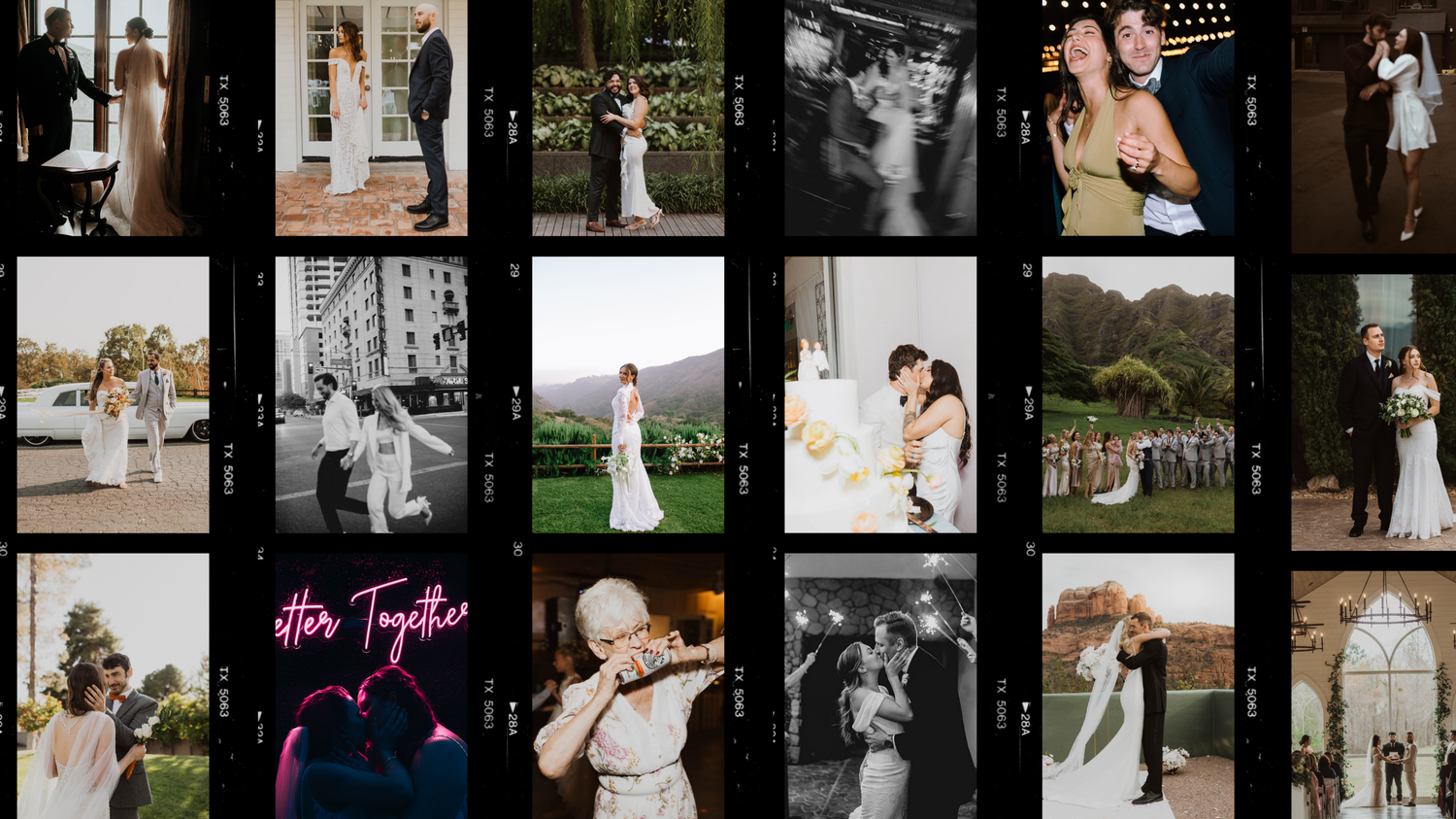 A collage of wedding photography featuring couples, details, and romantic moments in black and white and color.