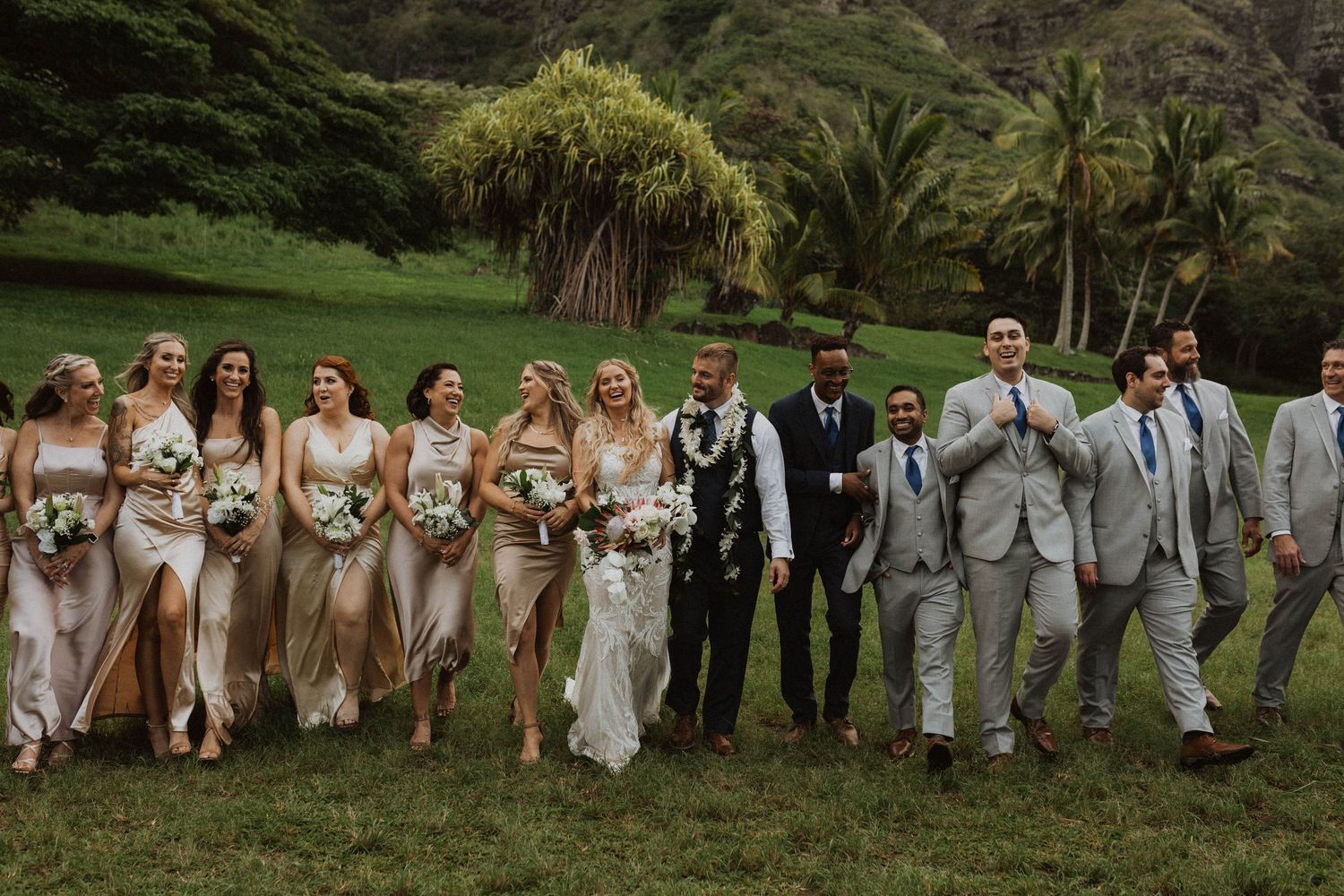 A wedding party poses outdoors in a line wearing gray suits and beige dresses against a lush green landscape.