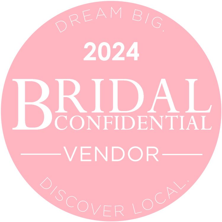 Pink circular badge for 2024 Bridal Confidential vendor certification.