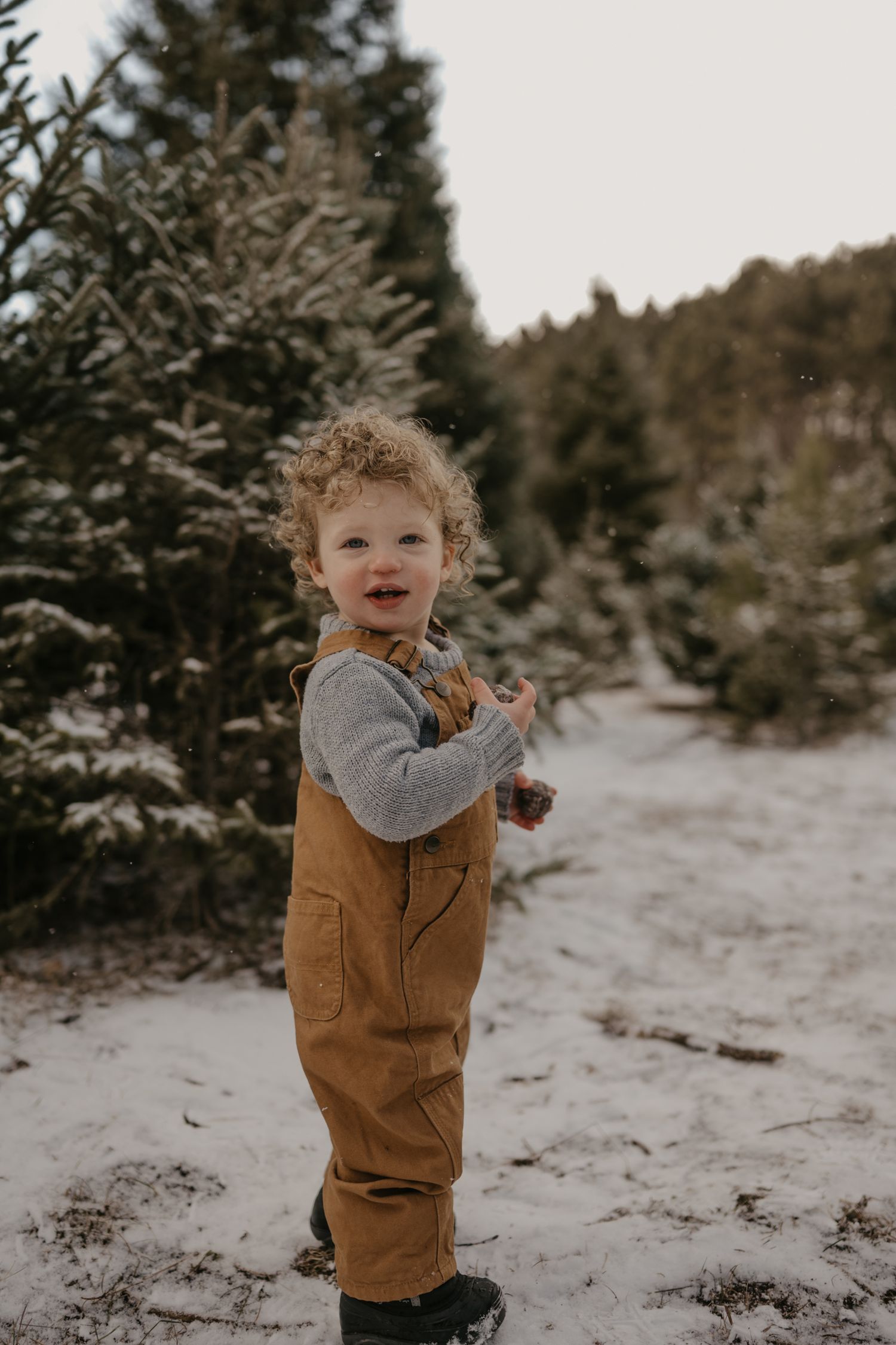 Curly-haired toddler in tan overalls smiling at a snowy Christmas tree farm.