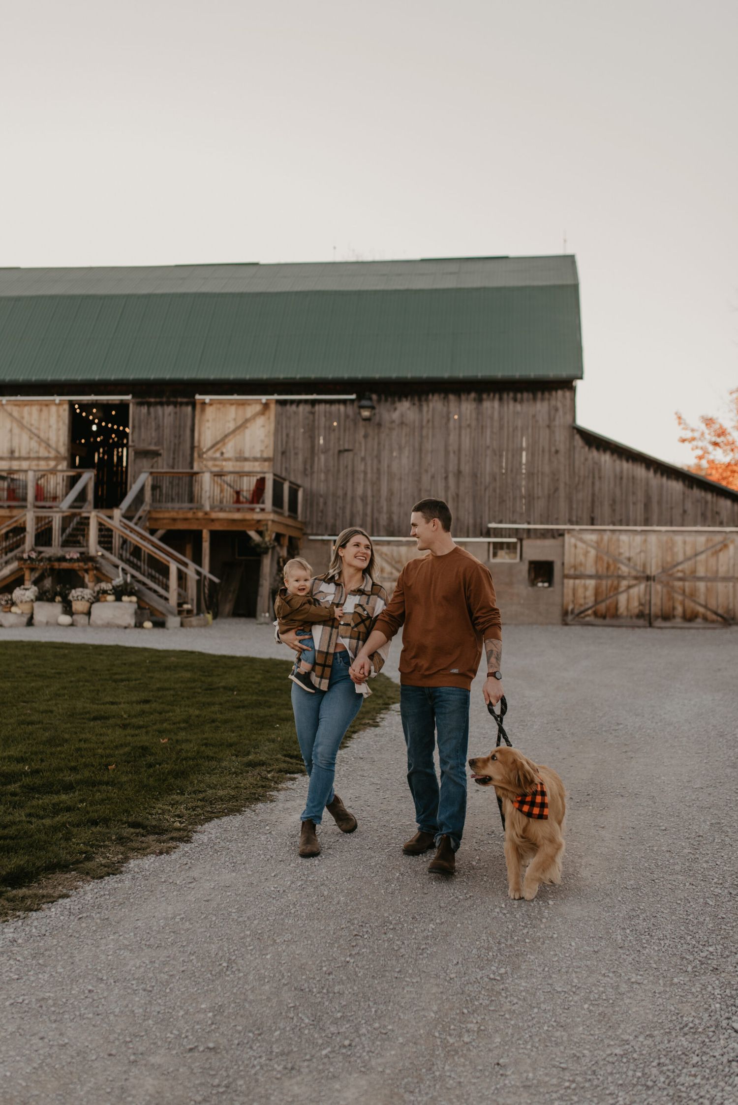 A family with a child and golden retriever walks on a gravel path in front of a rustic barn at dusk.
