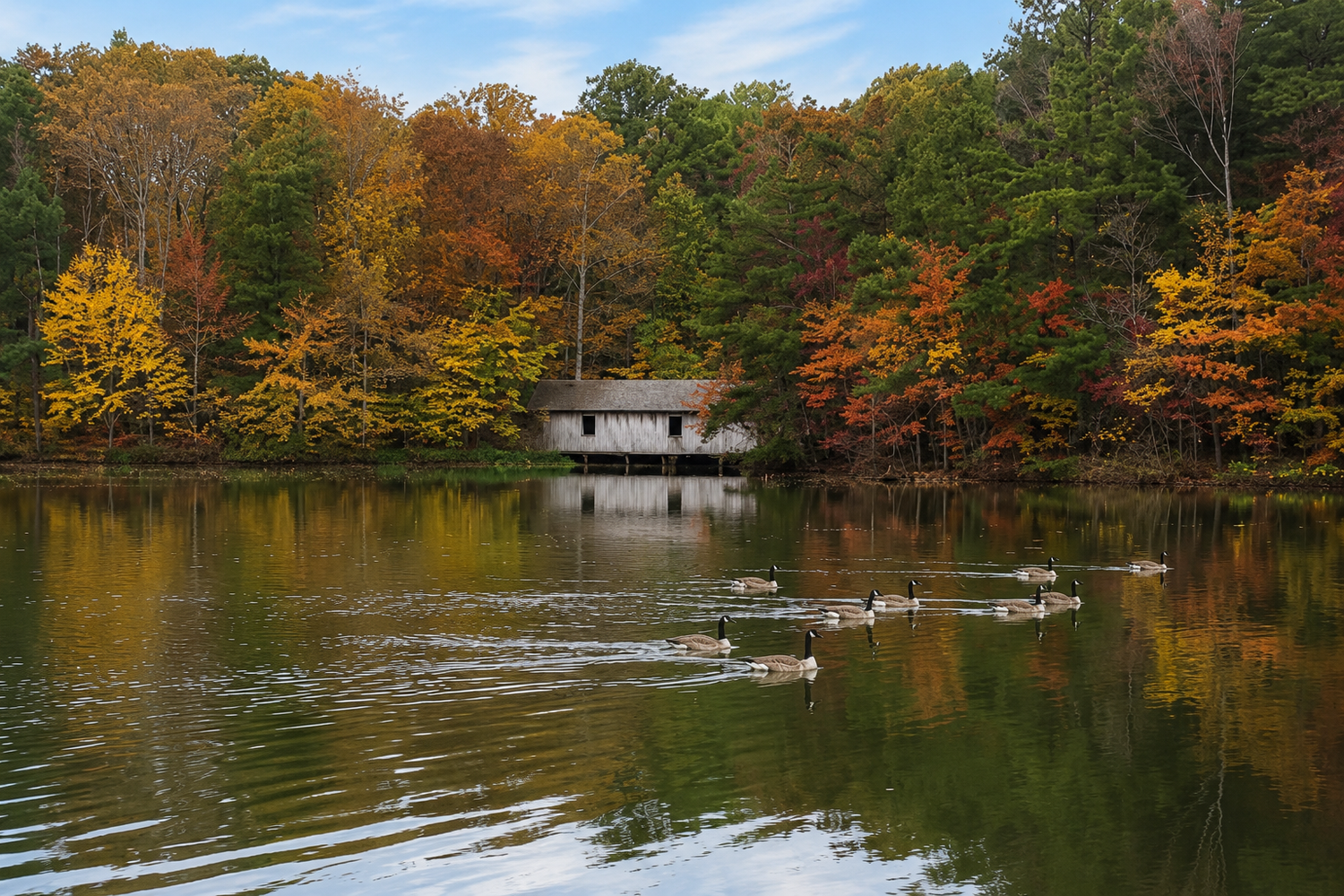 Autumn lake scene
Peaceful lake surrounded by colorful autumn trees with reflections on the water.