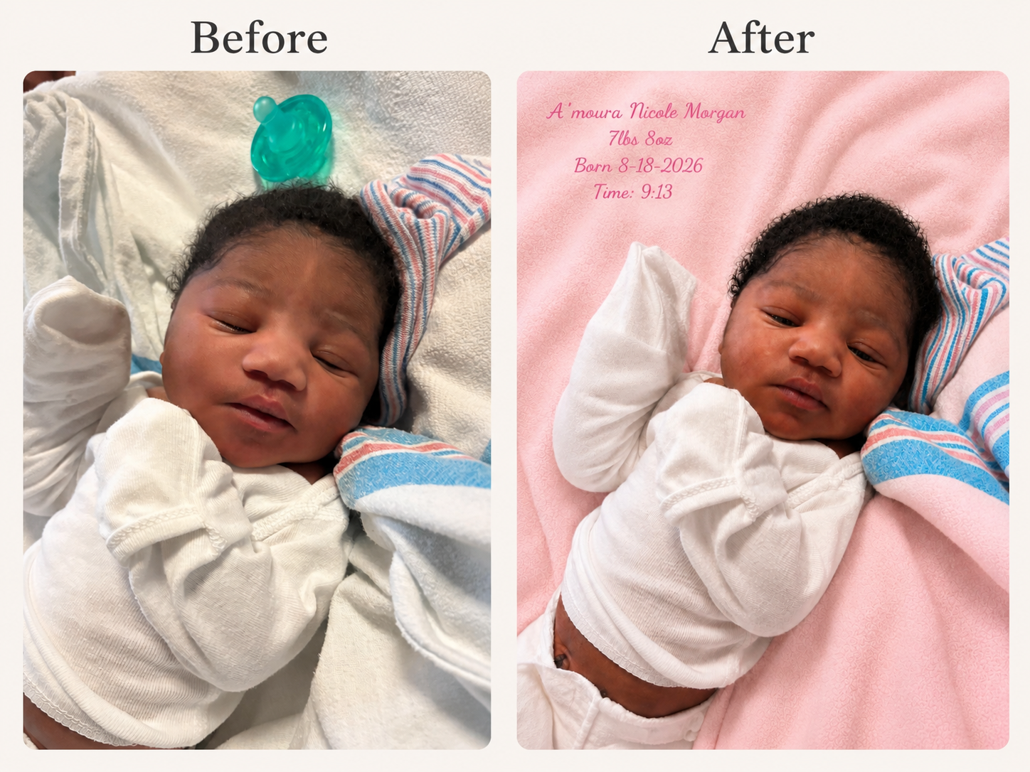 Baby photo edit before-and-after
Before-and-after baby photo edit showing natural cleanup and improved presentation.