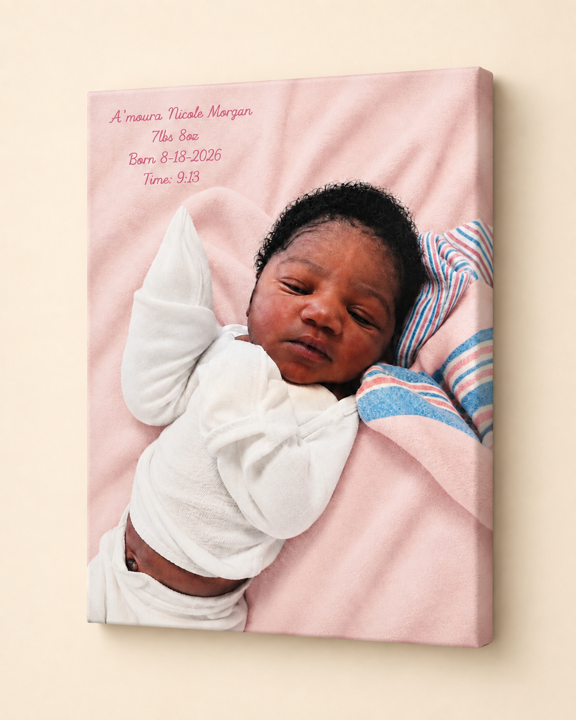 Baby canvas mockup
Custom canvas print featuring a newborn baby photo displayed on a light background.