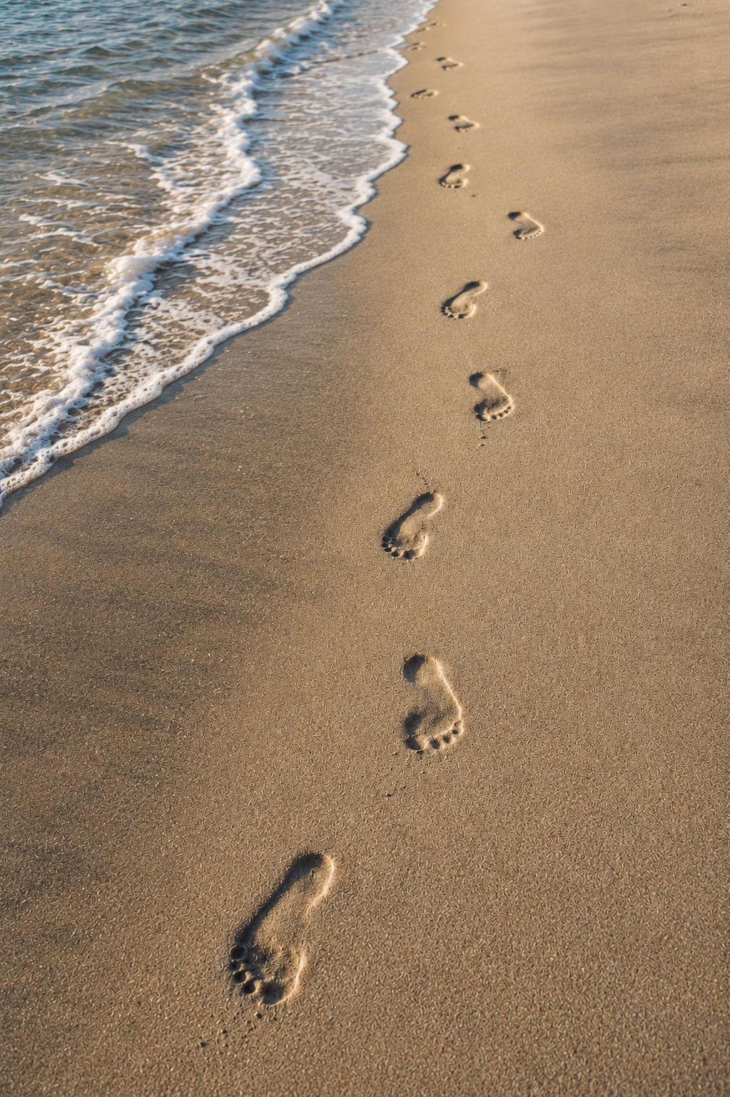 Footprints along the shoreline
Footprints leading along wet sand beside gentle ocean waves.