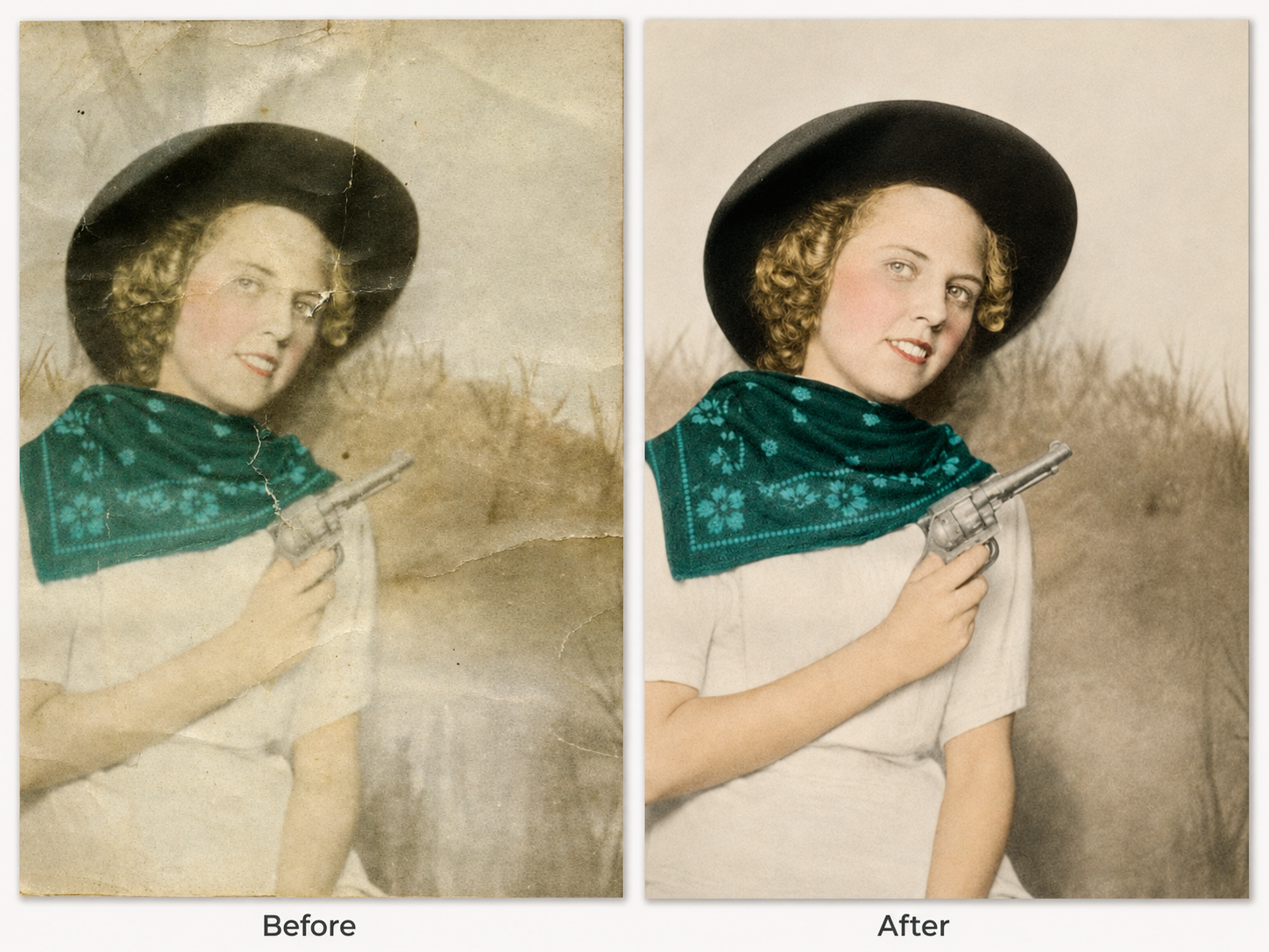 Older portrait restoration before-and-after
Before-and-after photo restoration showing improved color, contrast, and clarity in an older por