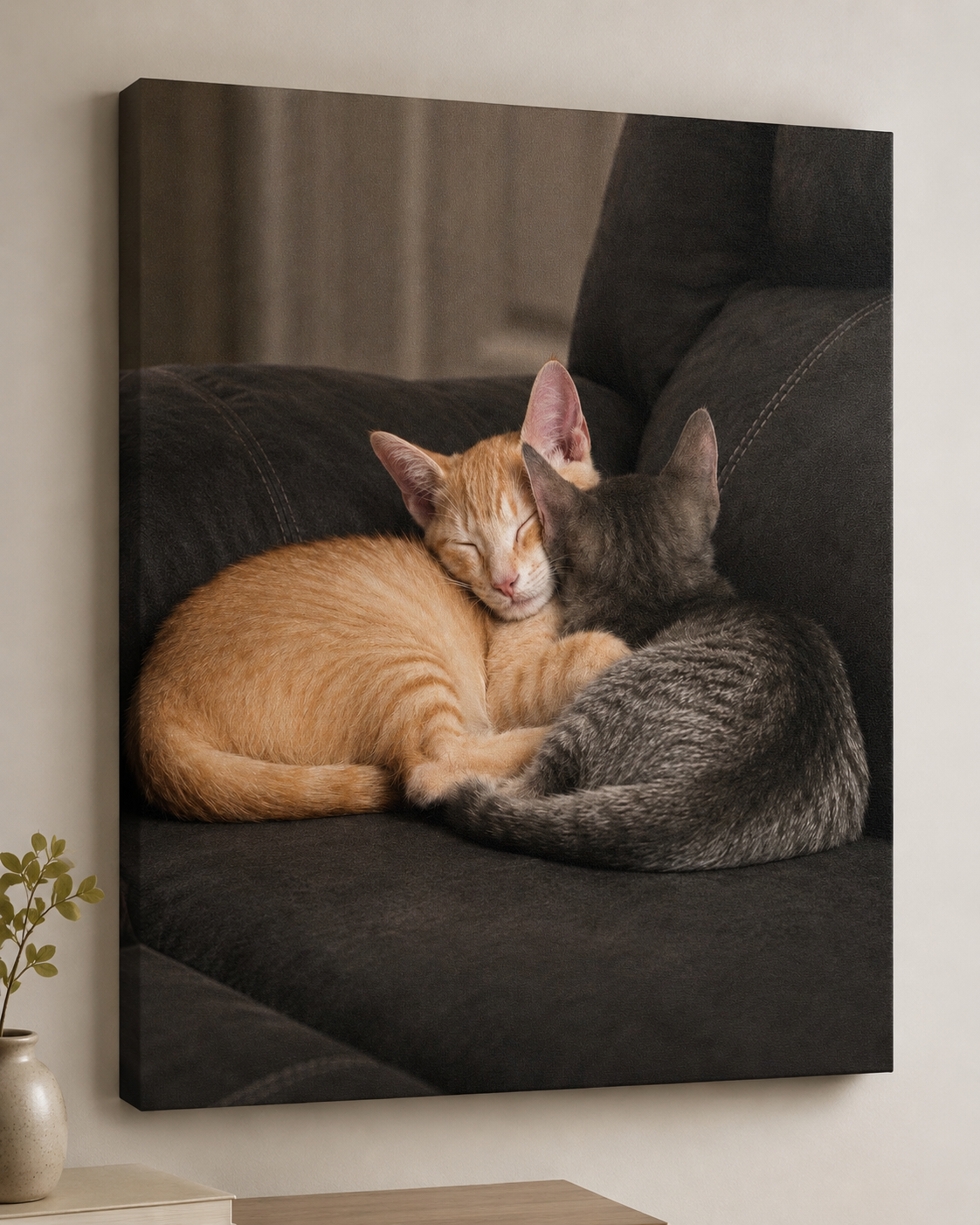 Sleeping kittens canvas
Canvas wall art featuring two kittens curled up together on a dark chair.