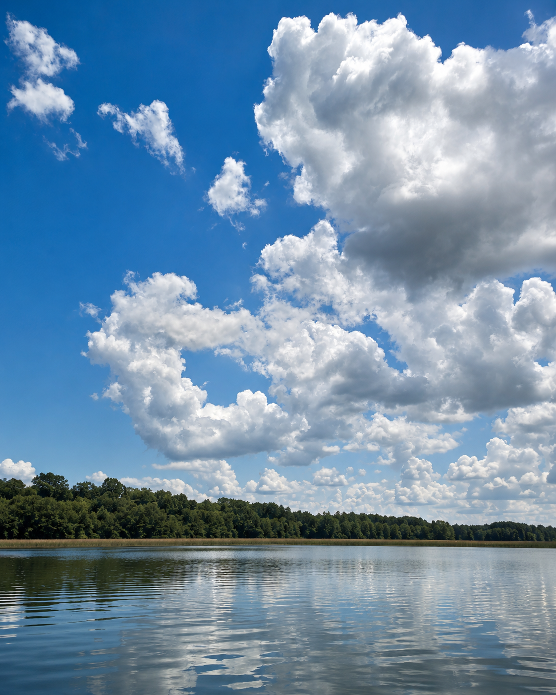 Clouds reflected on water
Large white clouds reflected across calm water beneath a bright blue sky.