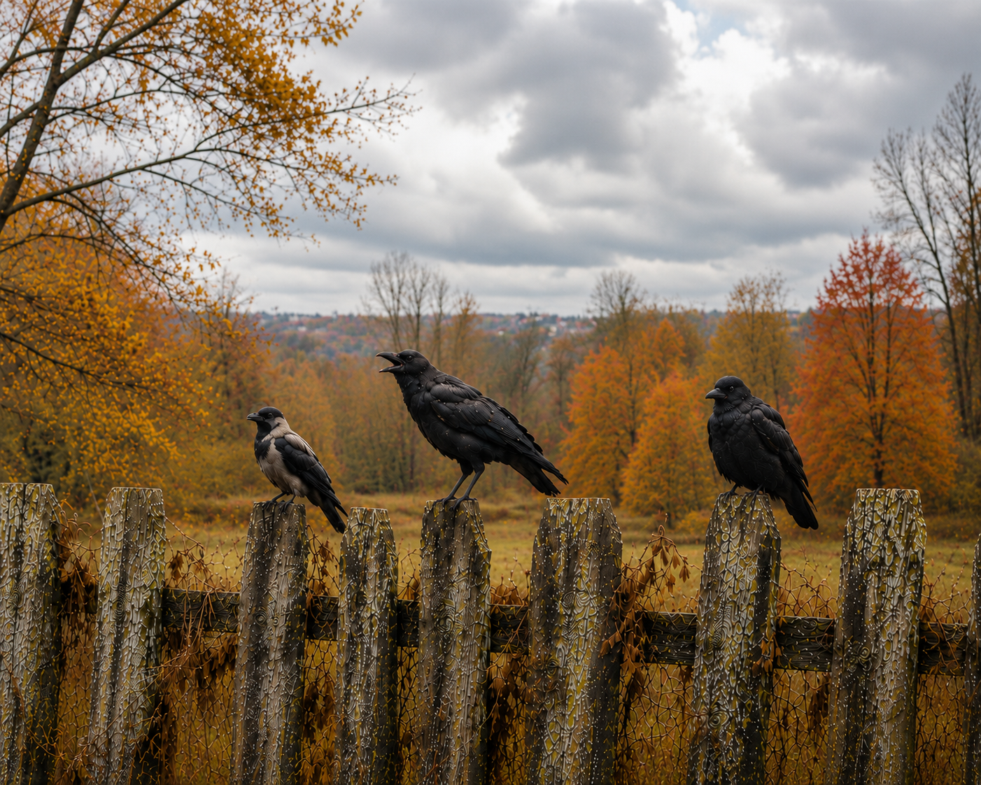 Three black birds
Three black birds perched on weathered fence posts beneath a cloudy autumn sky.