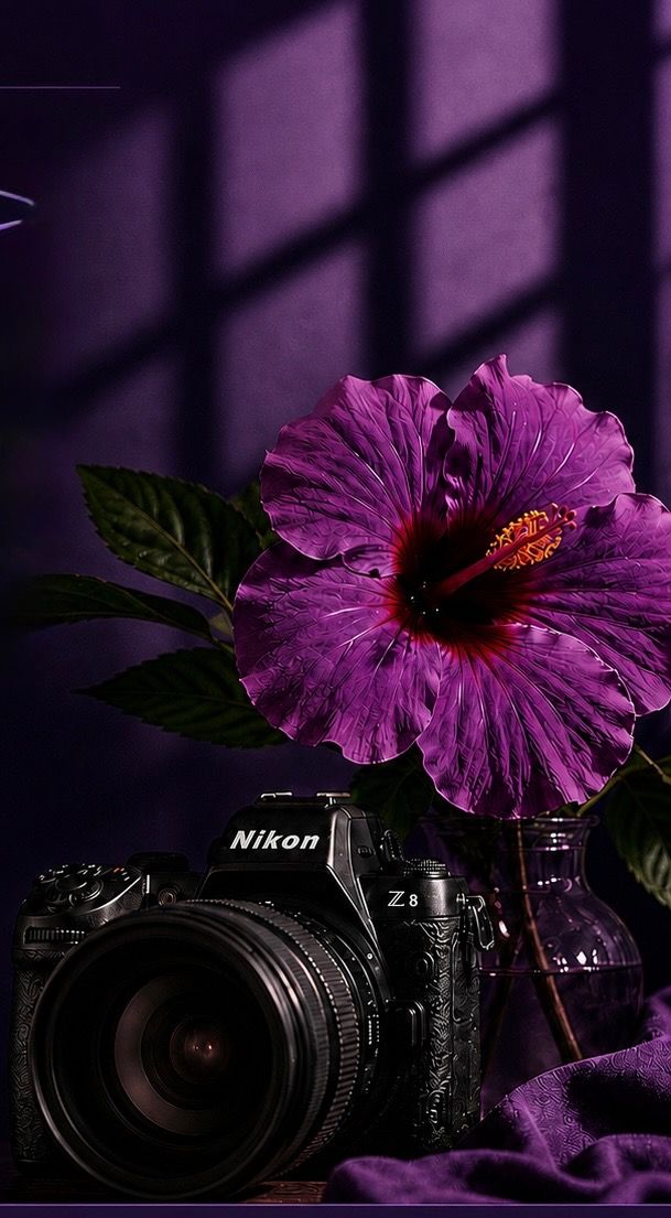 Purple hibiscus flower beside a Nikon Z8 camera on purple fabric background.