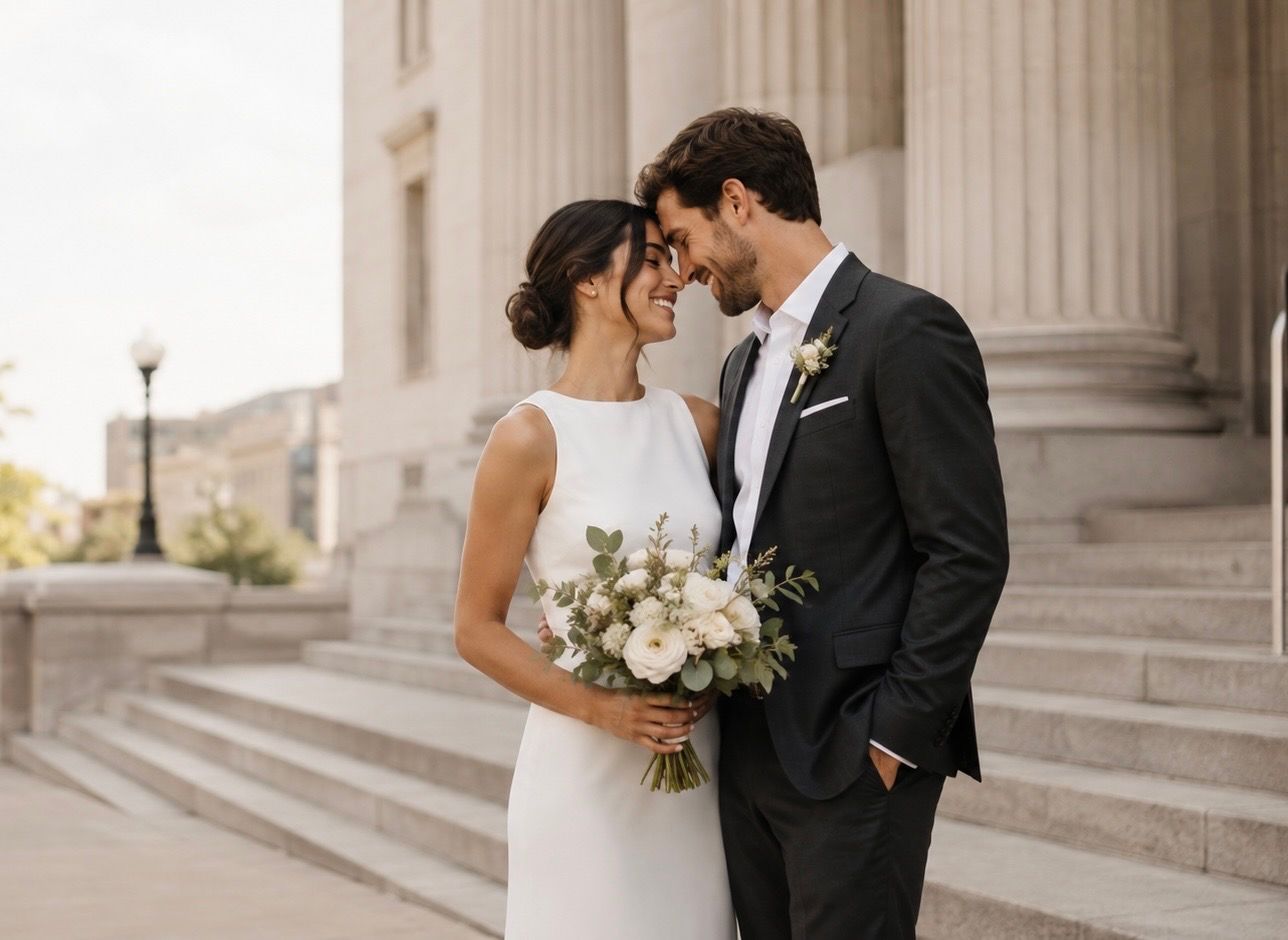 Bride and groom share romantic moment on grand stone steps, bride holding white floral bouquet.