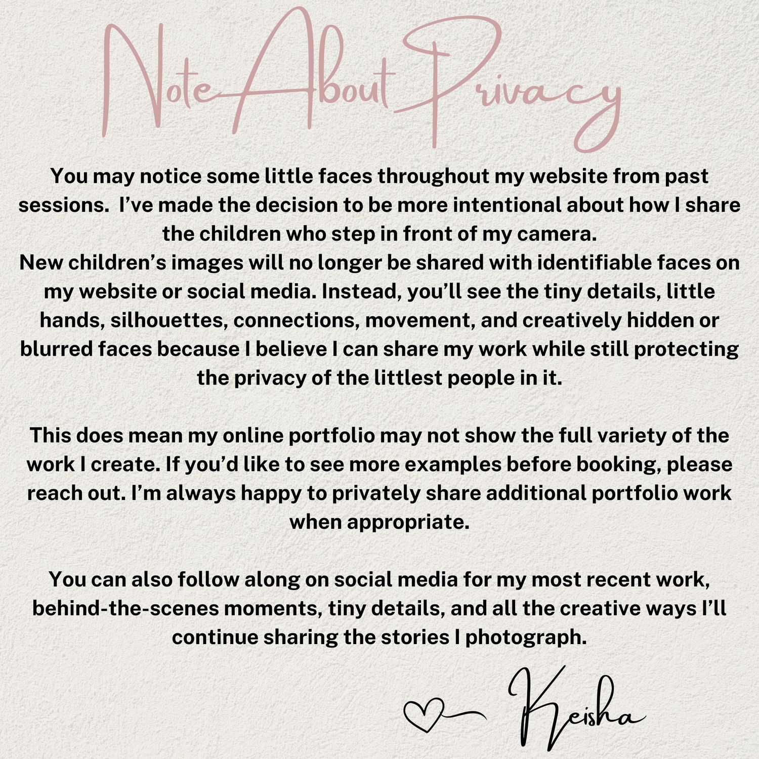 Photographer Kesha's note about privacy explaining children's images will feature hidden or blurred faces and tiny details.
