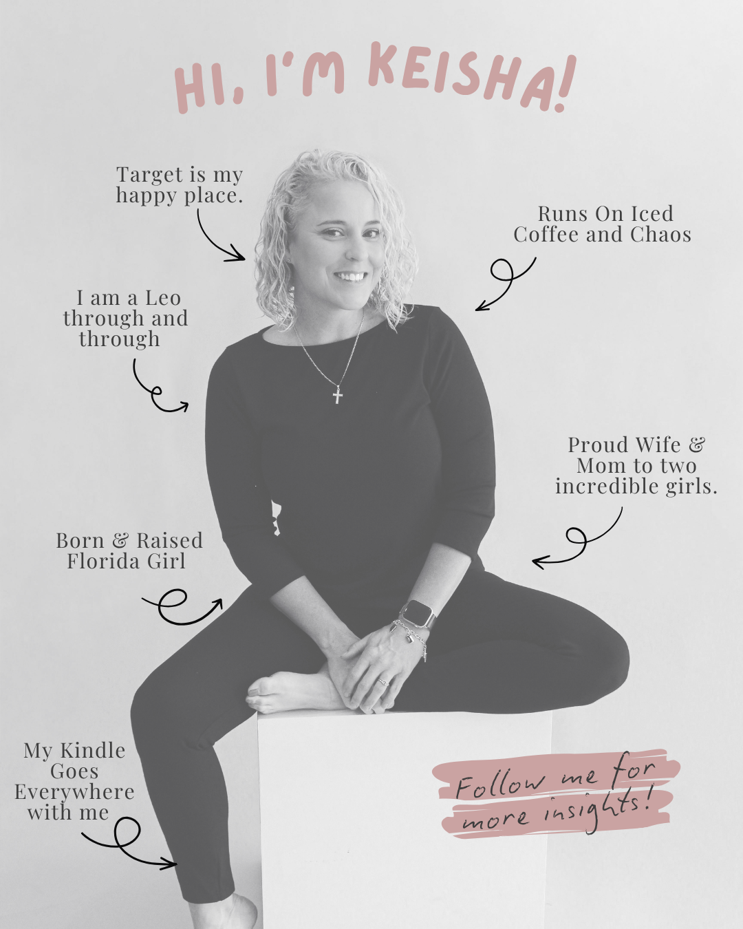Smiling woman with curly blonde hair sits on a white block in a black outfit, surrounded by fun facts in an introduction graphic.