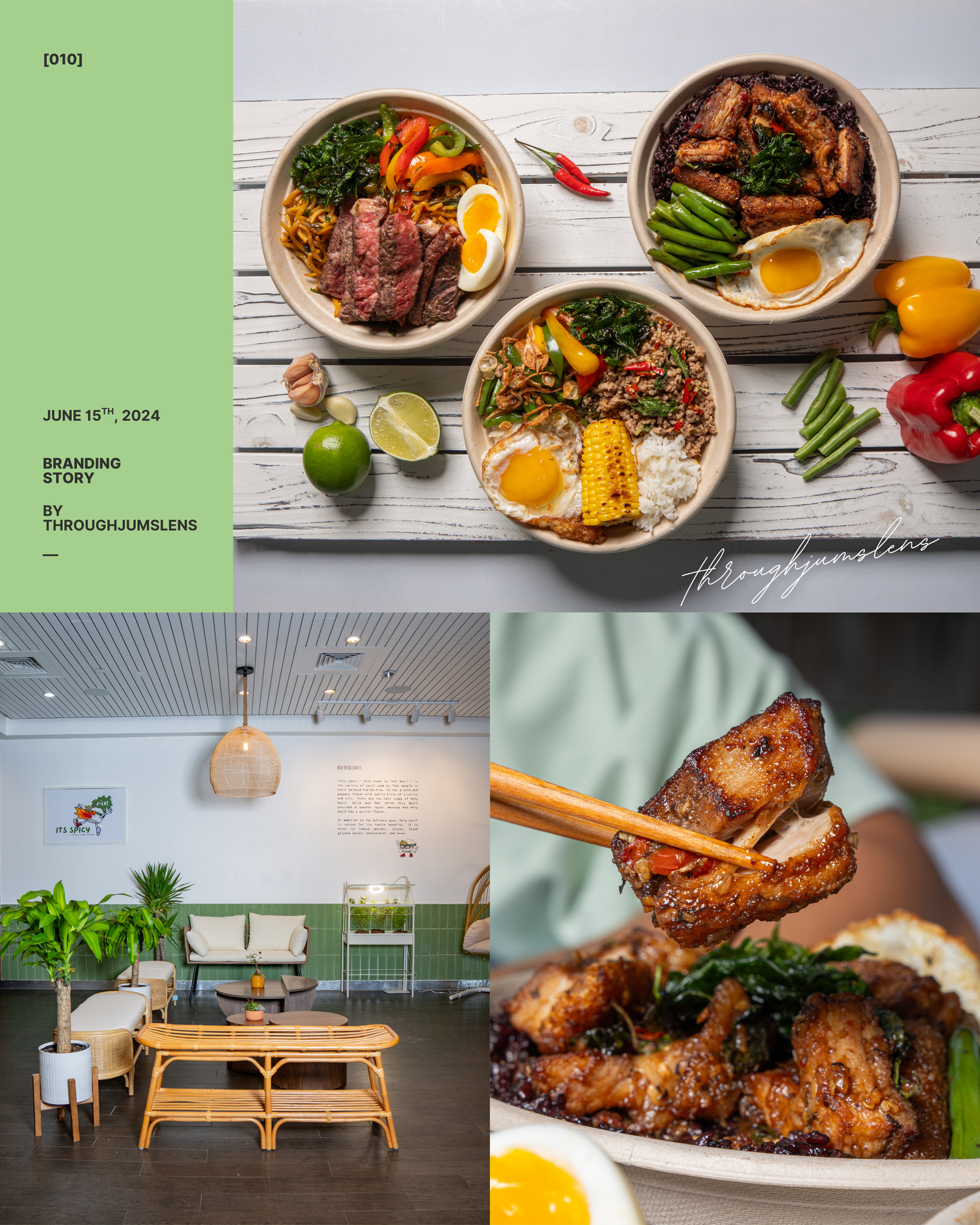 A collection of lifestyle restaurant food photography showing plated meals, dining spaces, and grilled dishes on wooden tables.