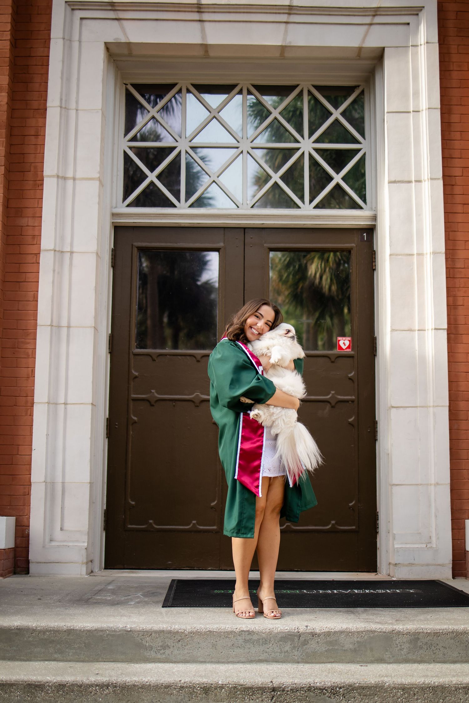 Three consecutive photos show a couple dancing together in an elegant doorway setting with brick and white columns.