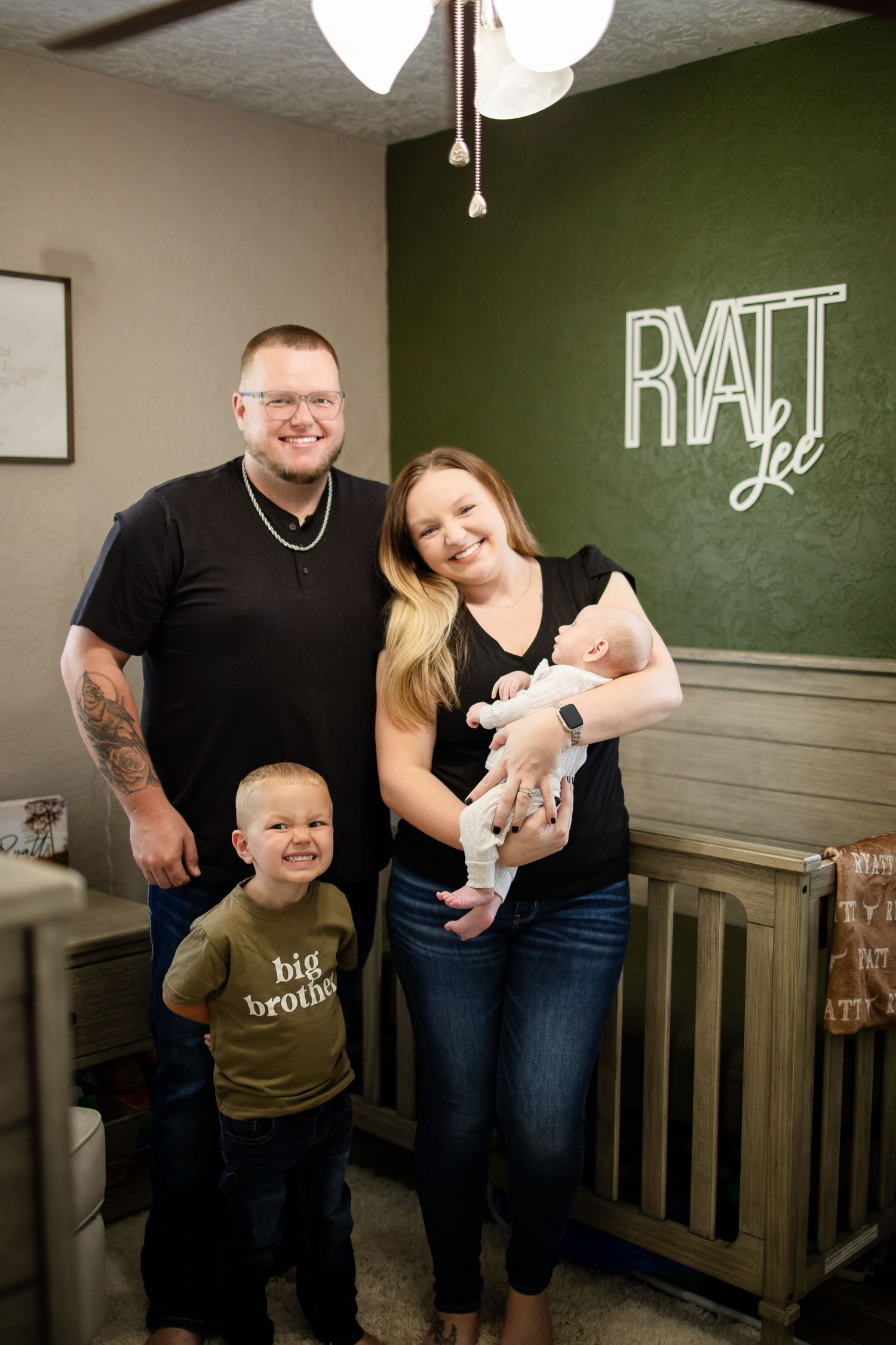 A series of three connected photos showing sweet family moments together in front of a dark green wall.