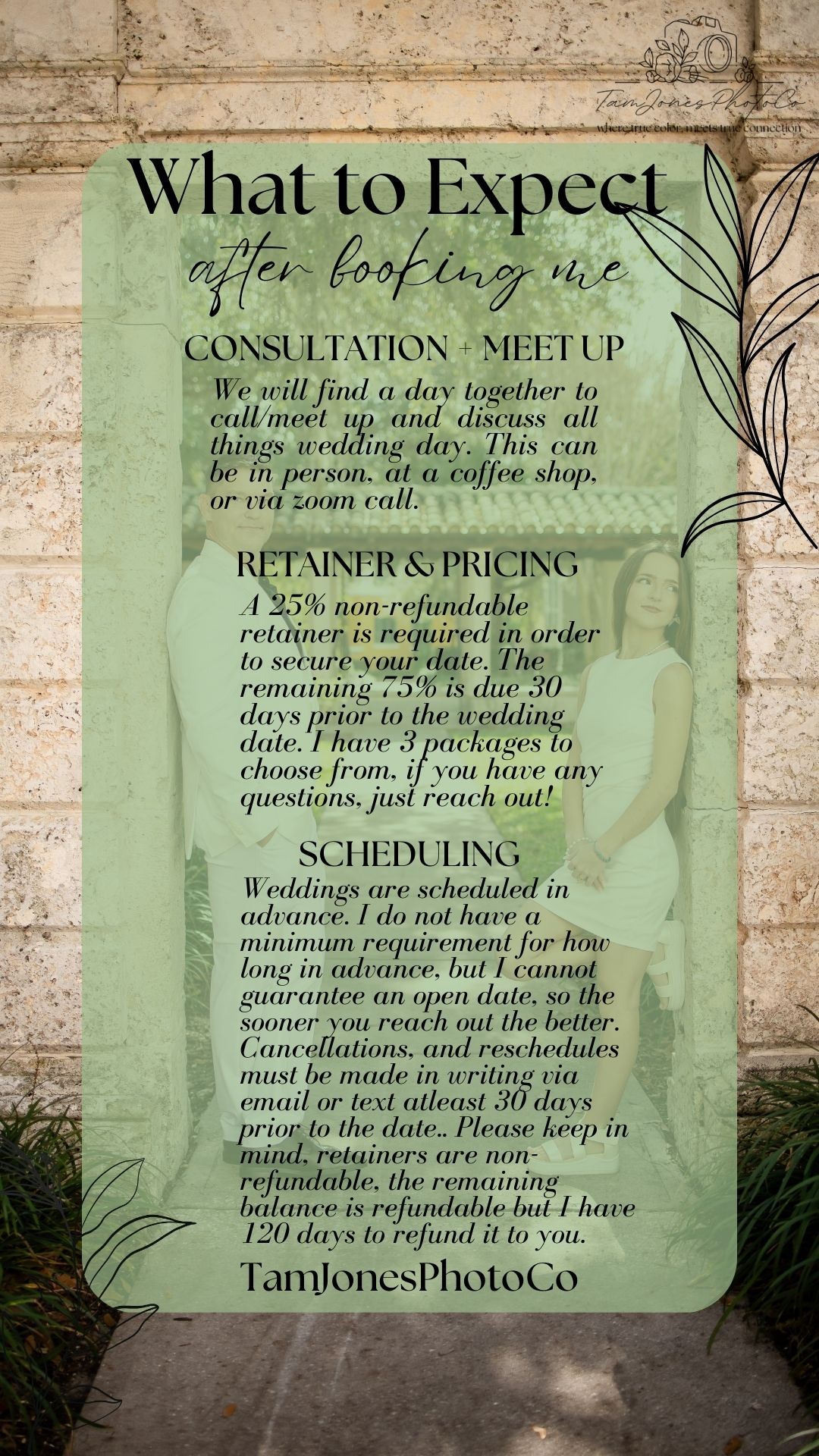 A series of wedding photography business cards and pricing information displayed against a rustic wooden background.