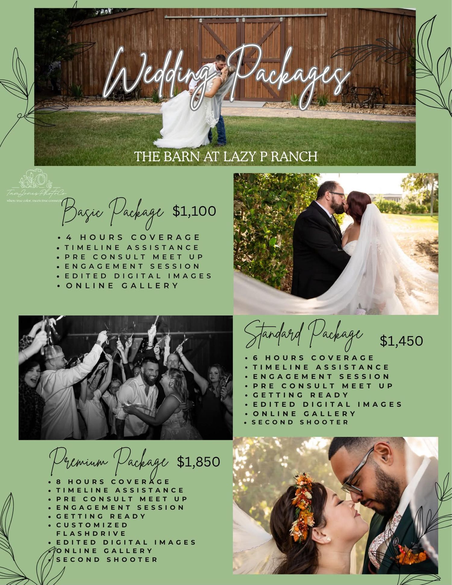 Wedding packages flyer for The Barn at Lazy P Ranch showing couples and pricing for Basic, Standard, and Premium packages.