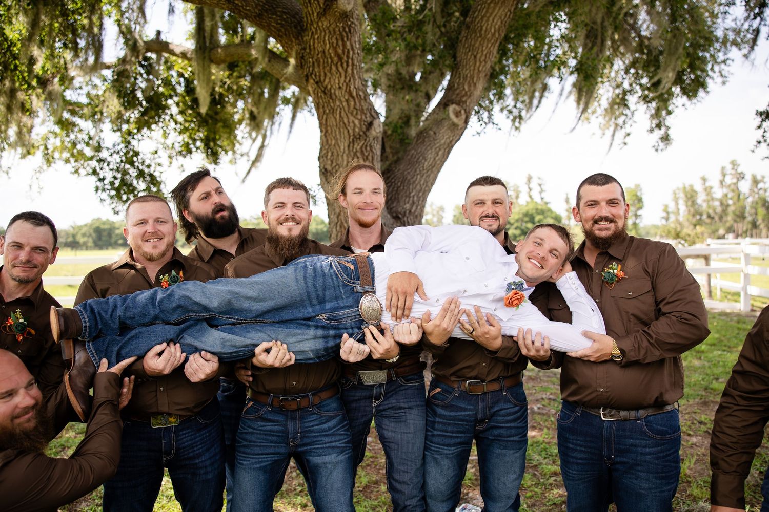 Groomsmen in brown shirts lift and carry the groom under a large oak tree outdoors.