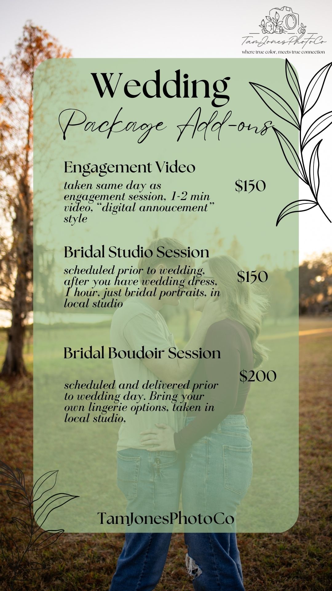 Wedding photography pricing menu displayed on sage green background with floral accents and pricing details.