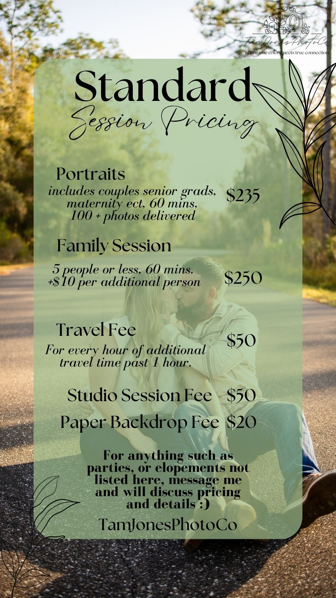 Photography pricing guide showing standard portrait session fees and travel costs against a blurred outdoor background.