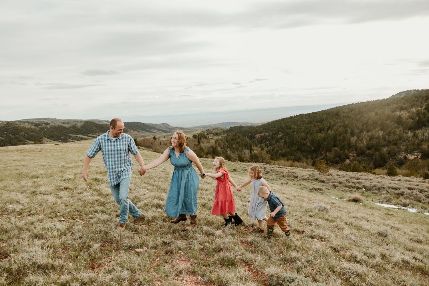 Family of four holding hands walking through a scenic mountain meadow under an overcast sky.
