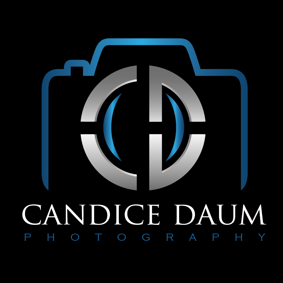 Candice Daum Photography logo featuring a silver camera icon with blue accents and stylized CD monogram on black background.