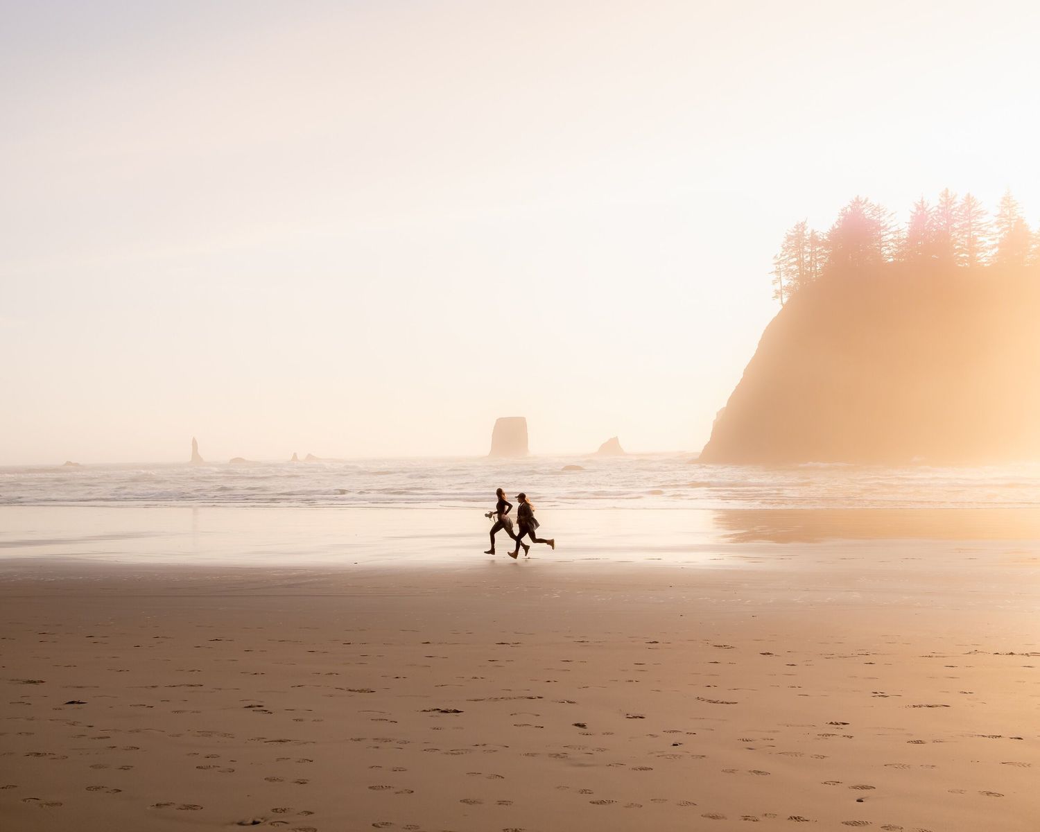 Two silhouettes walking along misty beach at sunset with dramatic coastal rock formations.