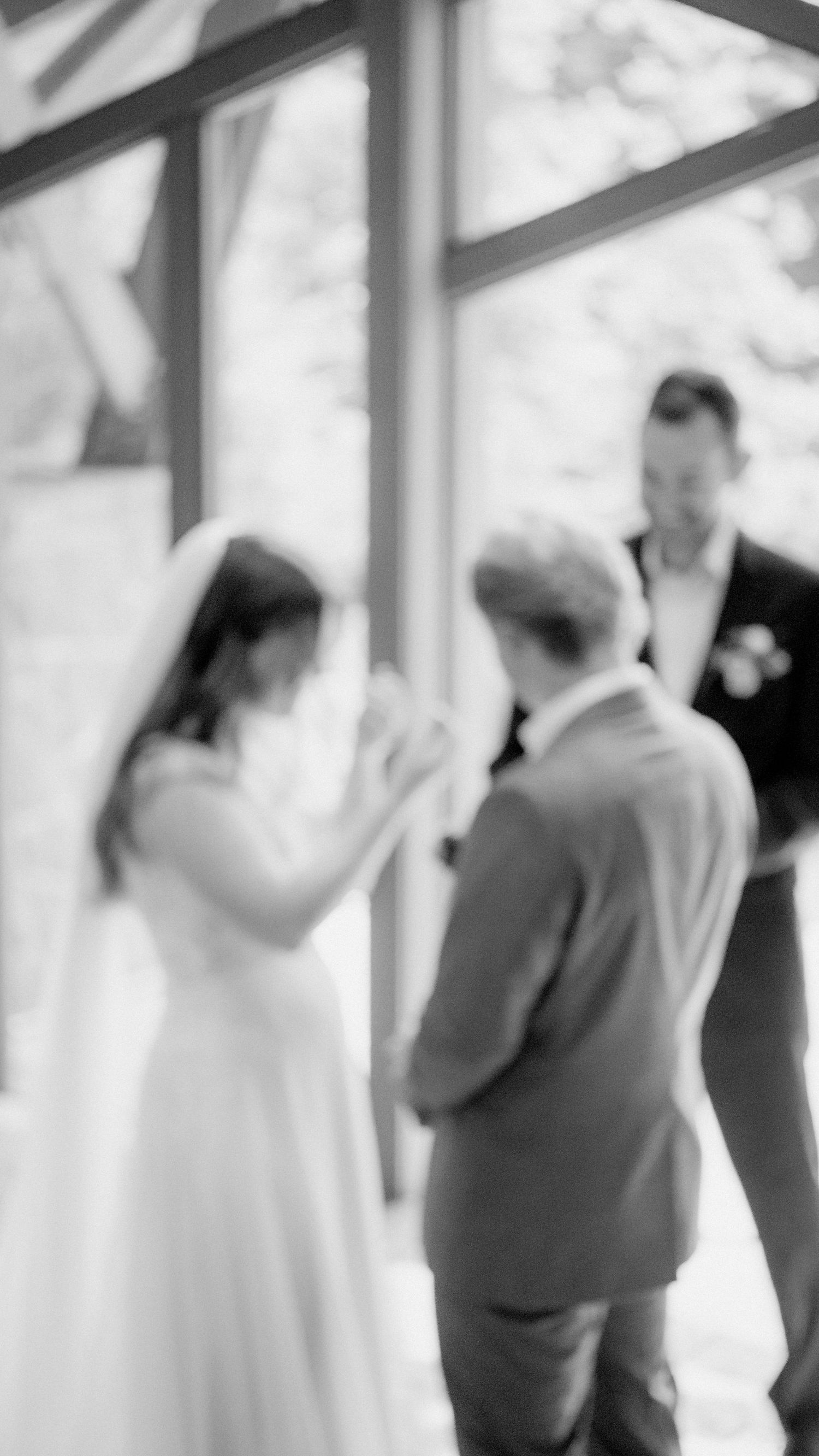 Soft focus sequence of wedding moments captured through bright windows.