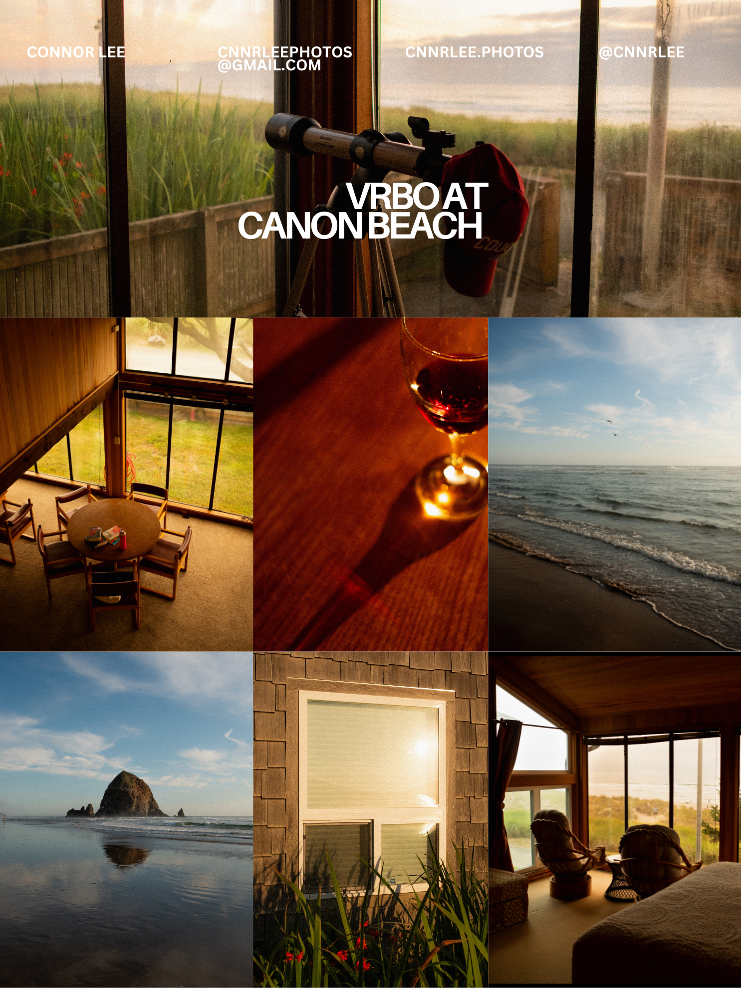 Collage of a Canon Beach VRBO rental featuring ocean views, cozy interiors, Haystack Rock, and beachfront scenery.