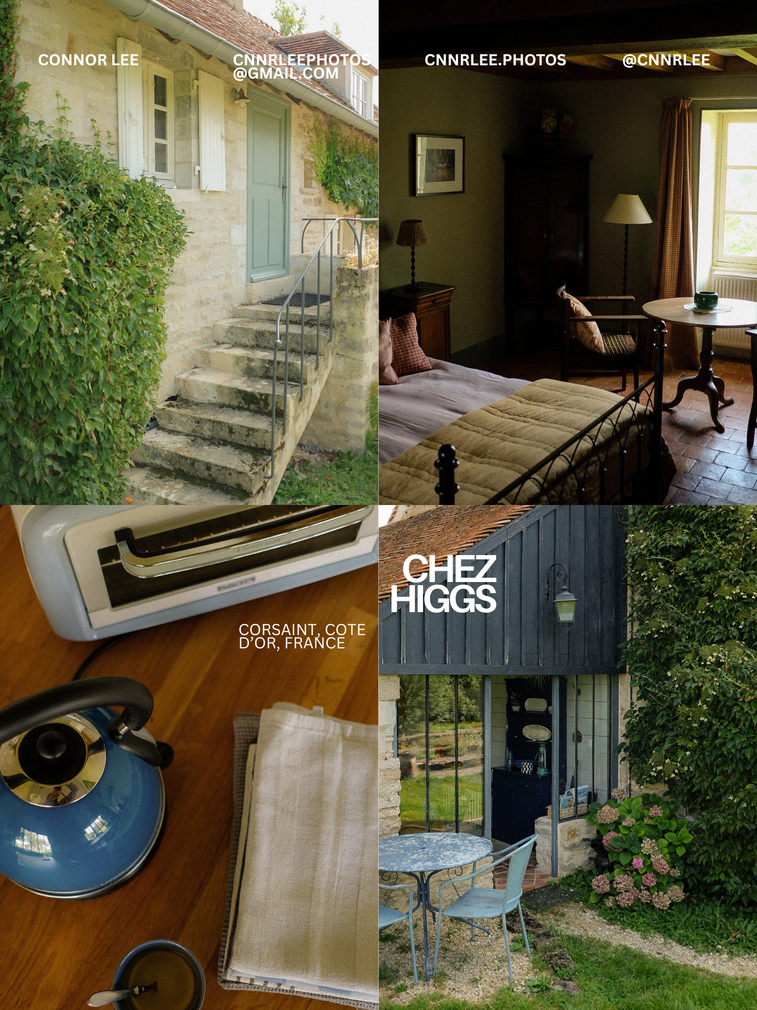 A collage of Chez Higgs in Corsaint, Cote d'Or, France, featuring a stone cottage, cozy bedroom, kitchen details, and garden patio.
