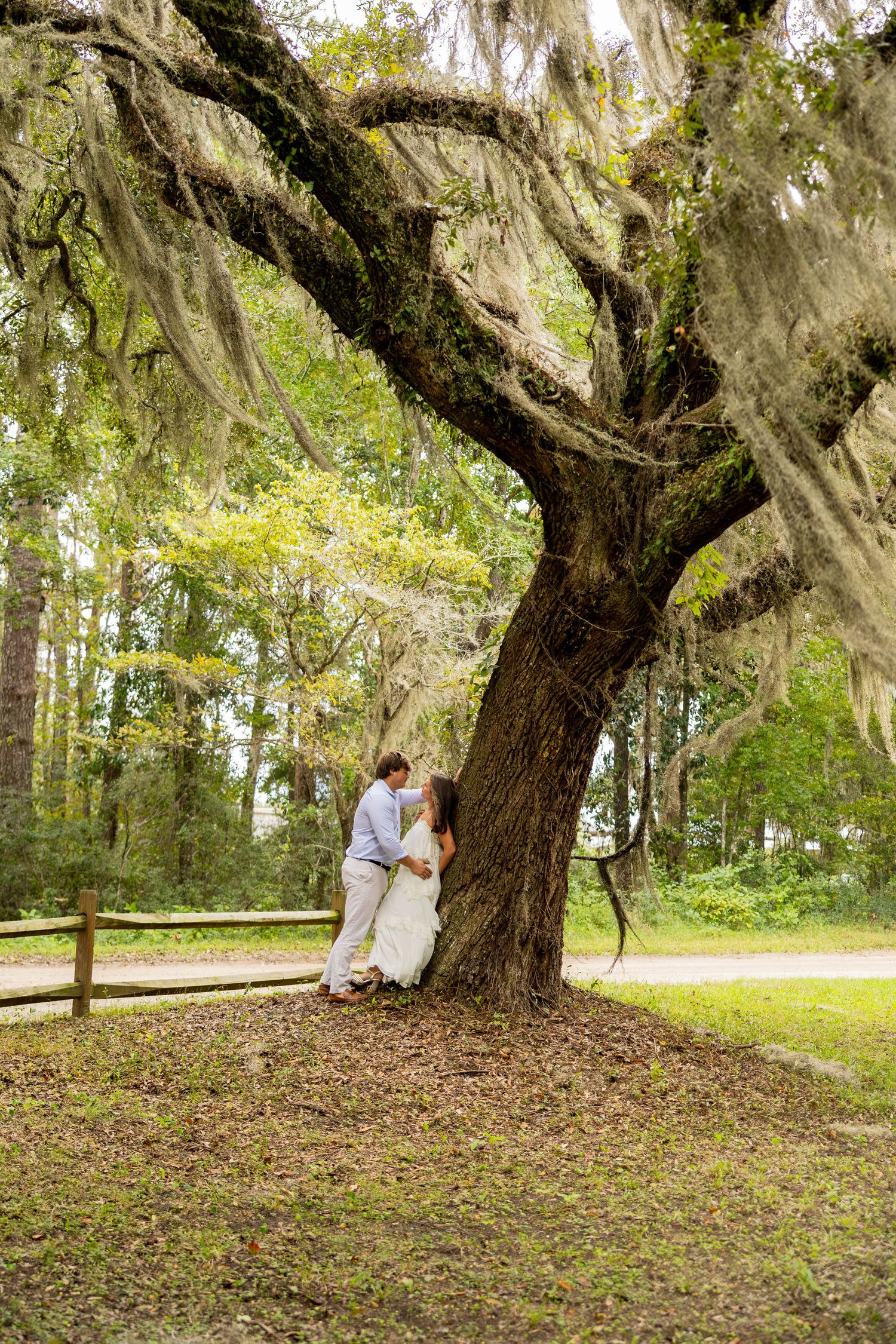 Couple in white embracing beneath a large live oak tree draped with Spanish moss beside a wooden fence in a sunlit Southern park.