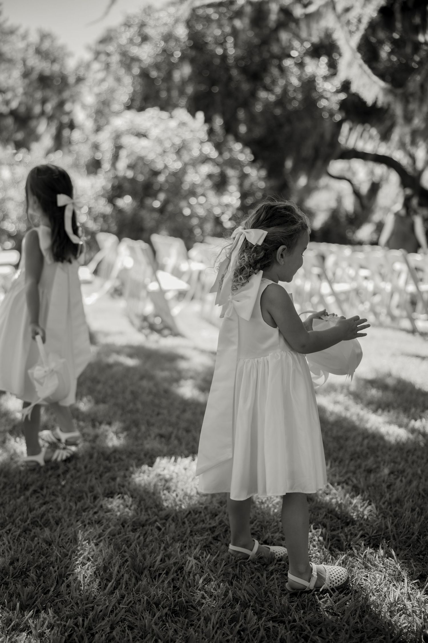Two young flower girls in white dresses walk across a sunlit lawn during an outdoor wedding ceremony.