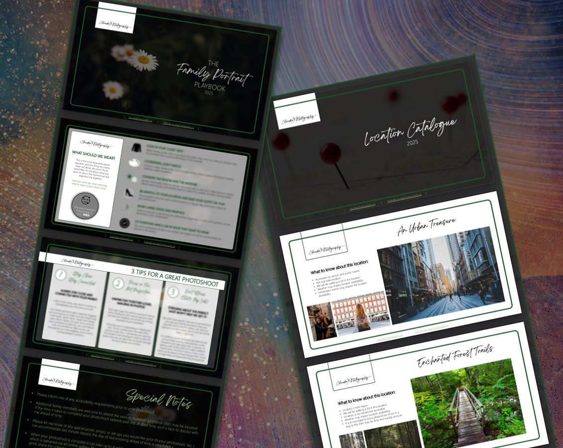 Professional photography pricing guide and branding materials displayed on a dark starry background.