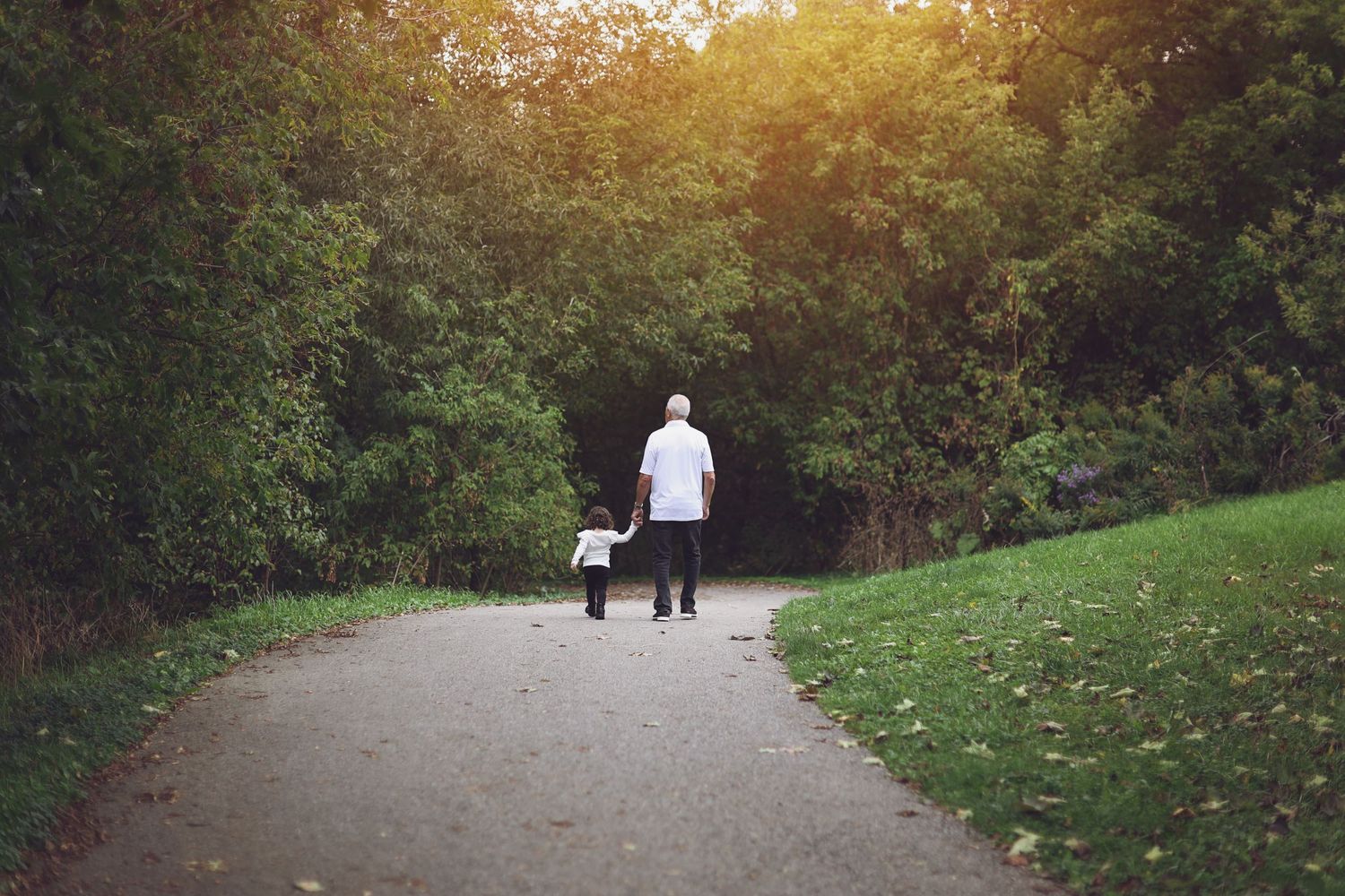 Two people walking their black dog on a wooded path during golden hour sunset.
