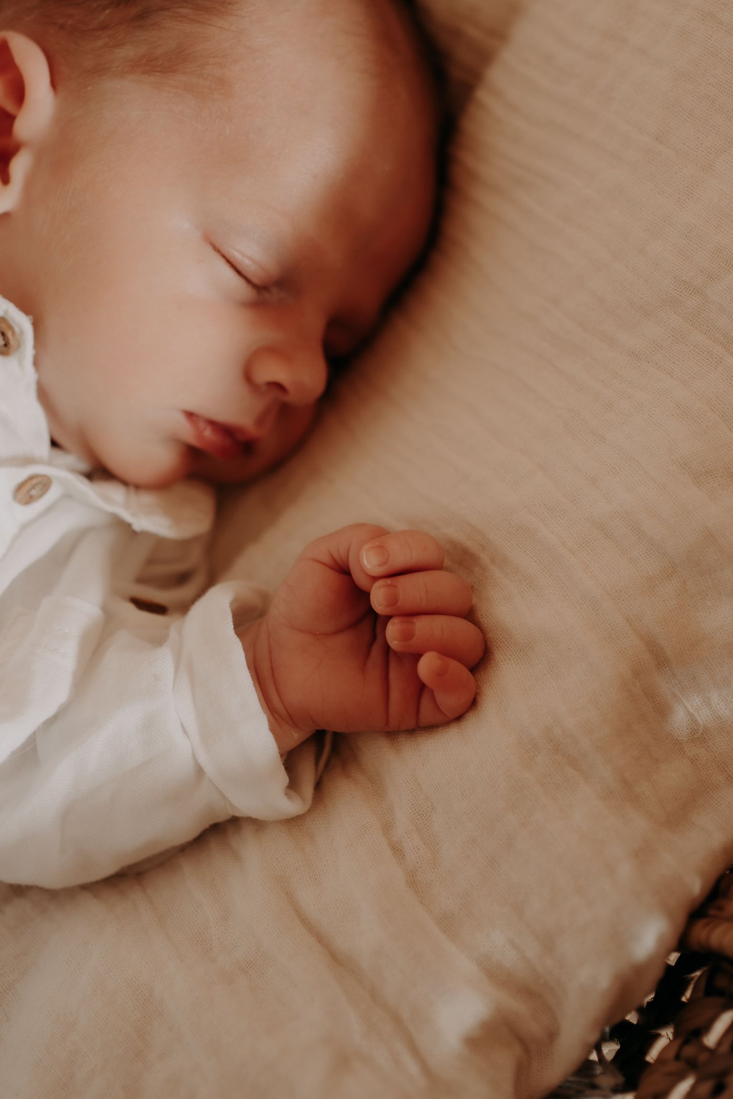 Peaceful newborn baby sleeping on soft beige blanket in natural light.