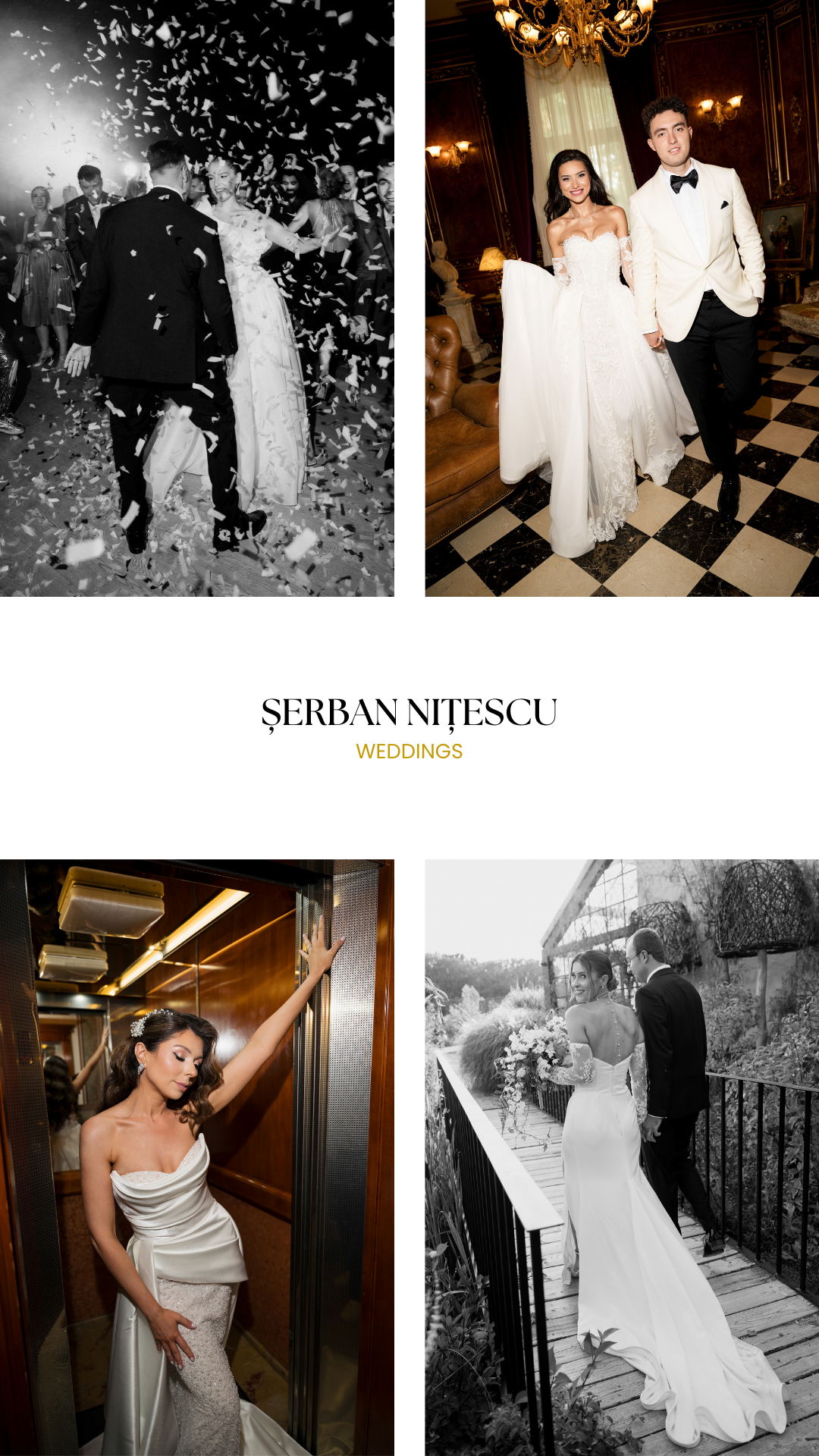 A wedding photo collage showing celebrations with confetti, elegant reception moments, and romantic black and white portraits.