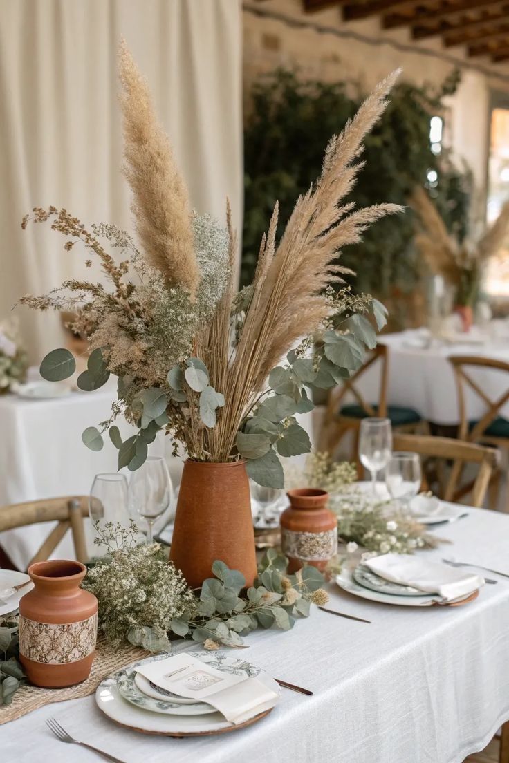 Wedding reception table with candlelight, floral centerpieces, and elegant place settings.